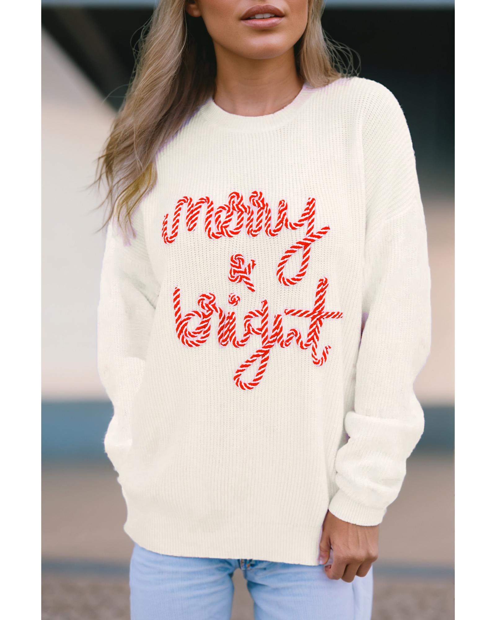 White Striped Merry Bright Letter Christmas Sweater - XL