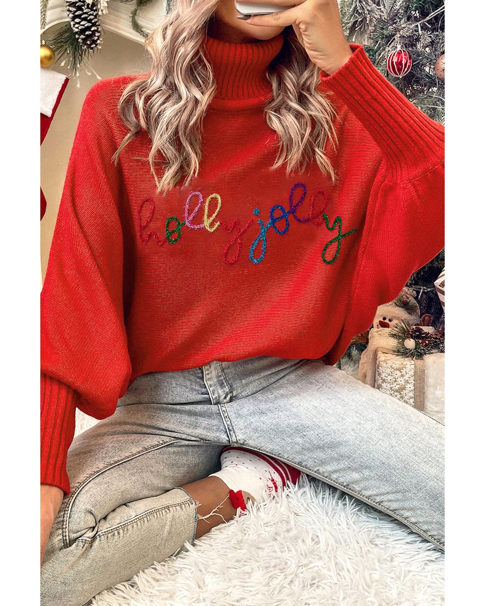 Fiery Red Christmas Holly Jolly Tinsel Graphic High Neck Sweater - L