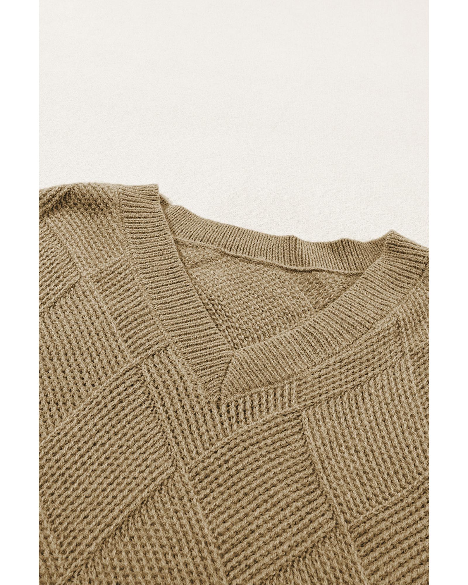 Camel Checkered Textured Batwing Sleeve Sweater - XL