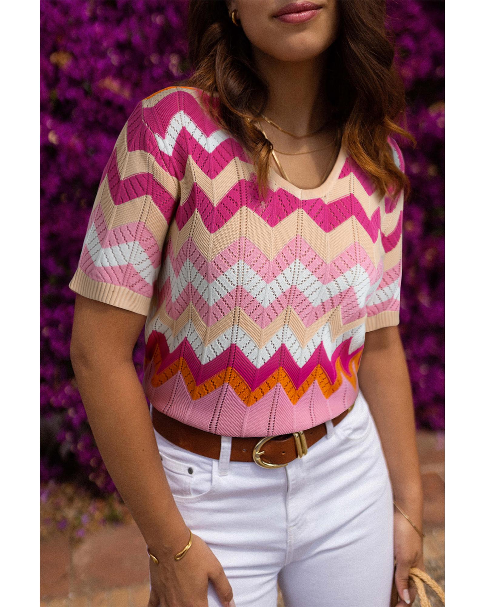 Pink Stripe Chevron Pointelle Knit V Neck Short Sleeve Sweater - S