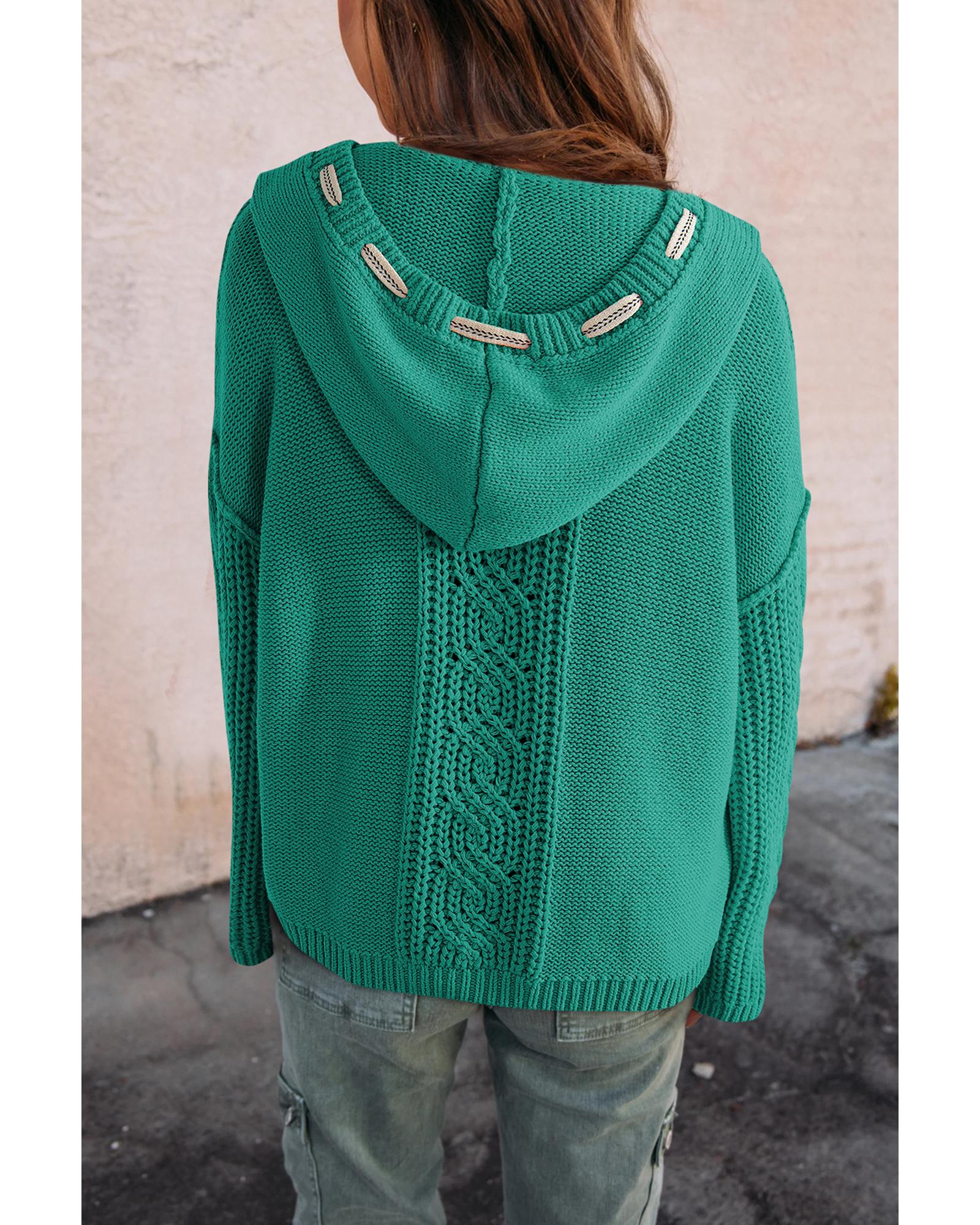 Sea Green Cable Knit V Neck Contrast Drawstring Hooded Sweater - M