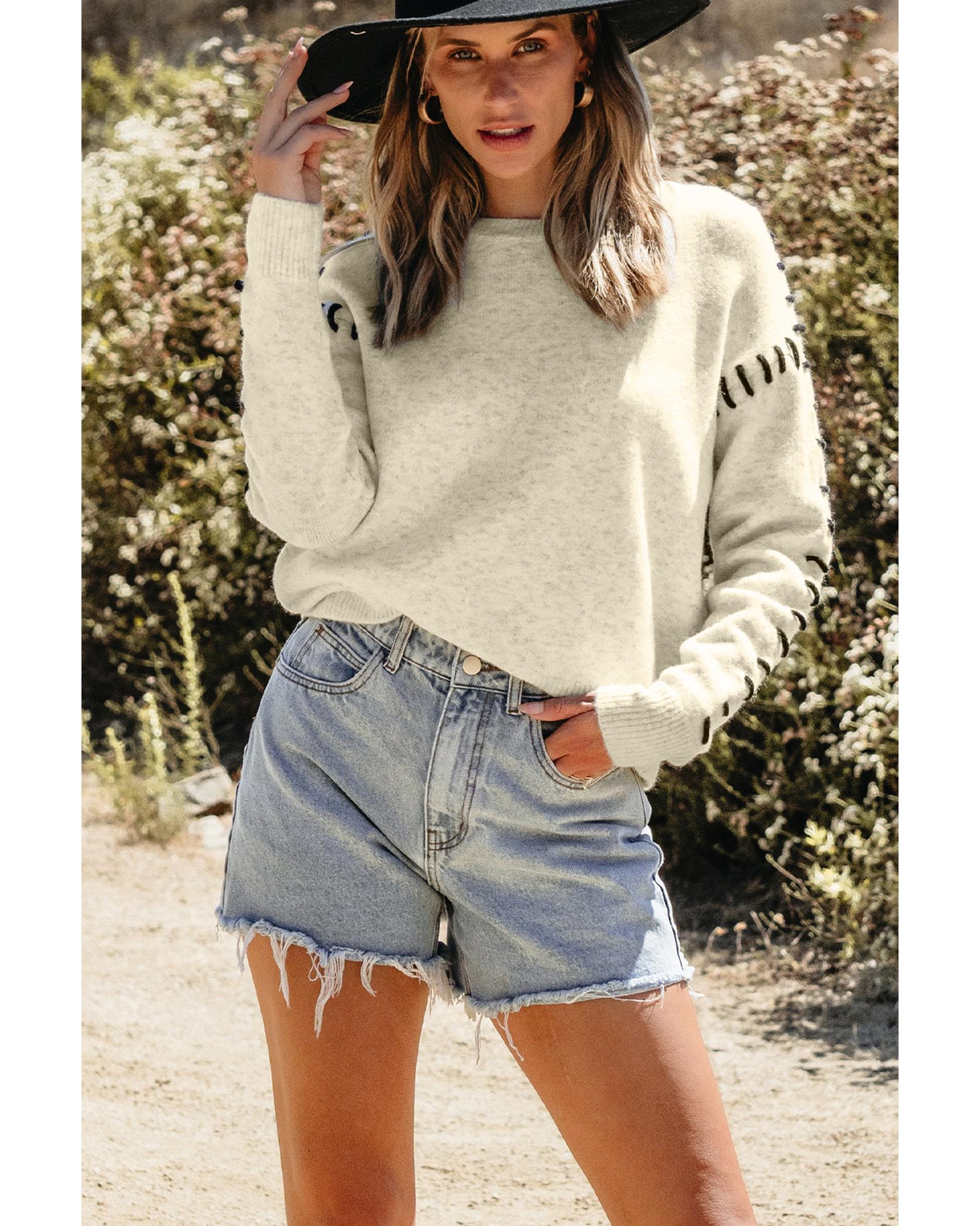 White Contrast Stitch Detail Ribbed Trim Sweater - L