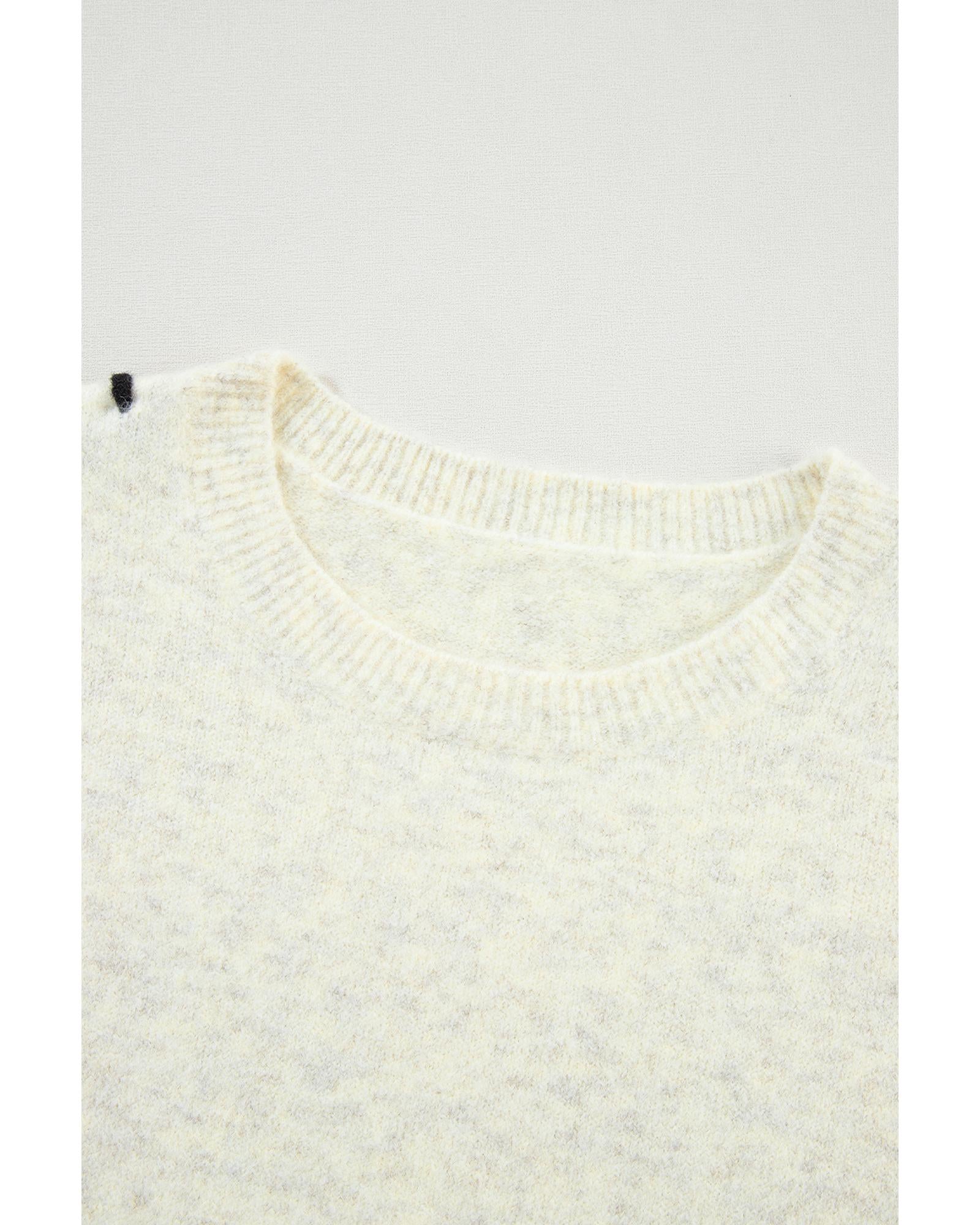 White Contrast Stitch Detail Ribbed Trim Sweater - L