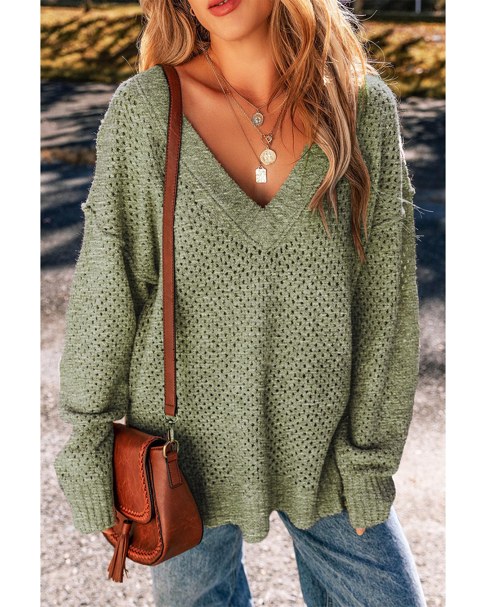 Jungle Green Loose Eyelet V Neck Drop Shoulder Sweater - M