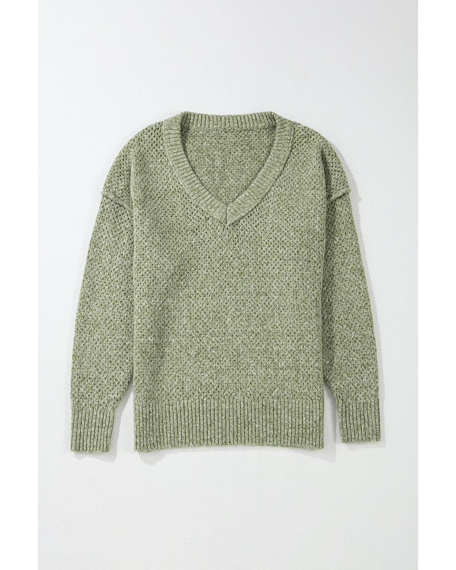 Jungle Green Loose Eyelet V Neck Drop Shoulder Sweater - S