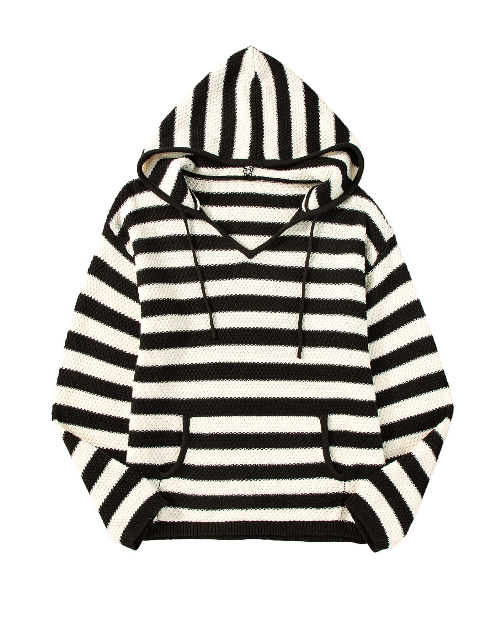 White Stripe V Neck Pocketed Drawstring Hooded Sweater - M