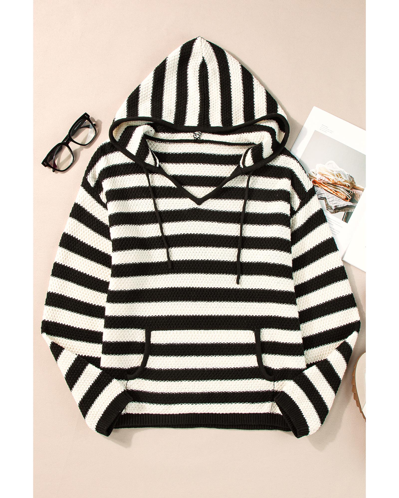 White Stripe V Neck Pocketed Drawstring Hooded Sweater - S