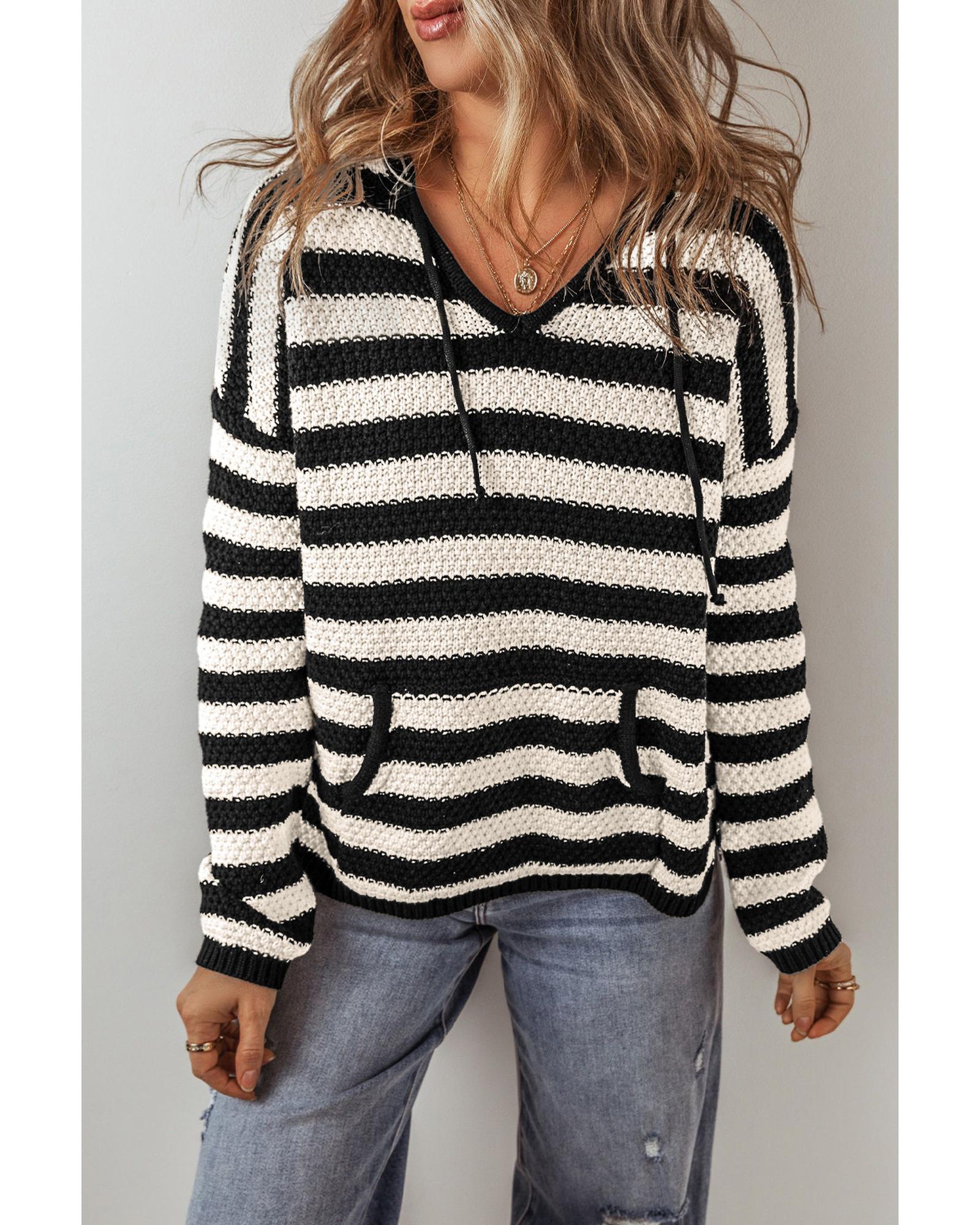 White Stripe V Neck Pocketed Drawstring Hooded Sweater - XL