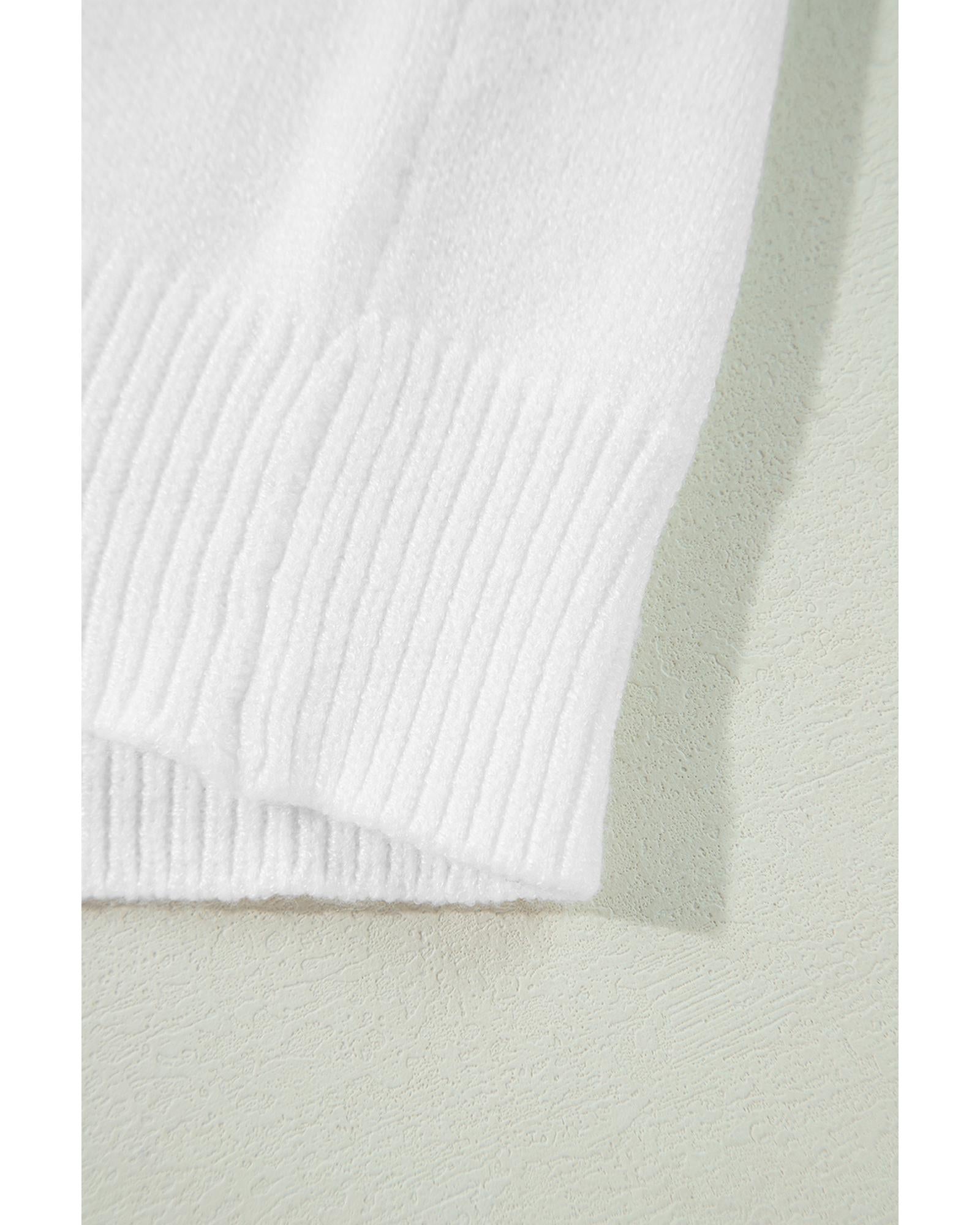 White Flower Detail Knitted Notched Neck Sweater - M