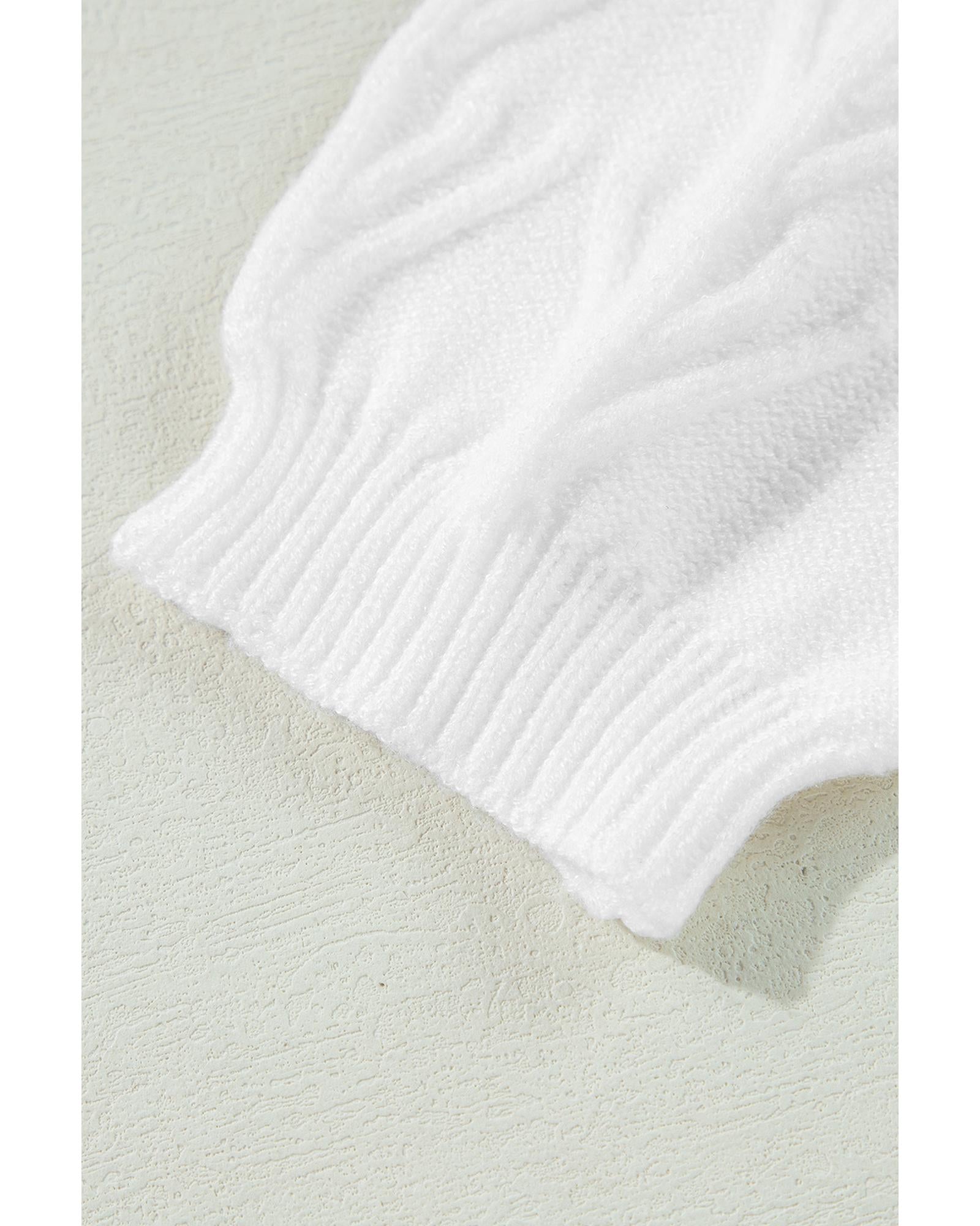 White Flower Detail Knitted Notched Neck Sweater - S