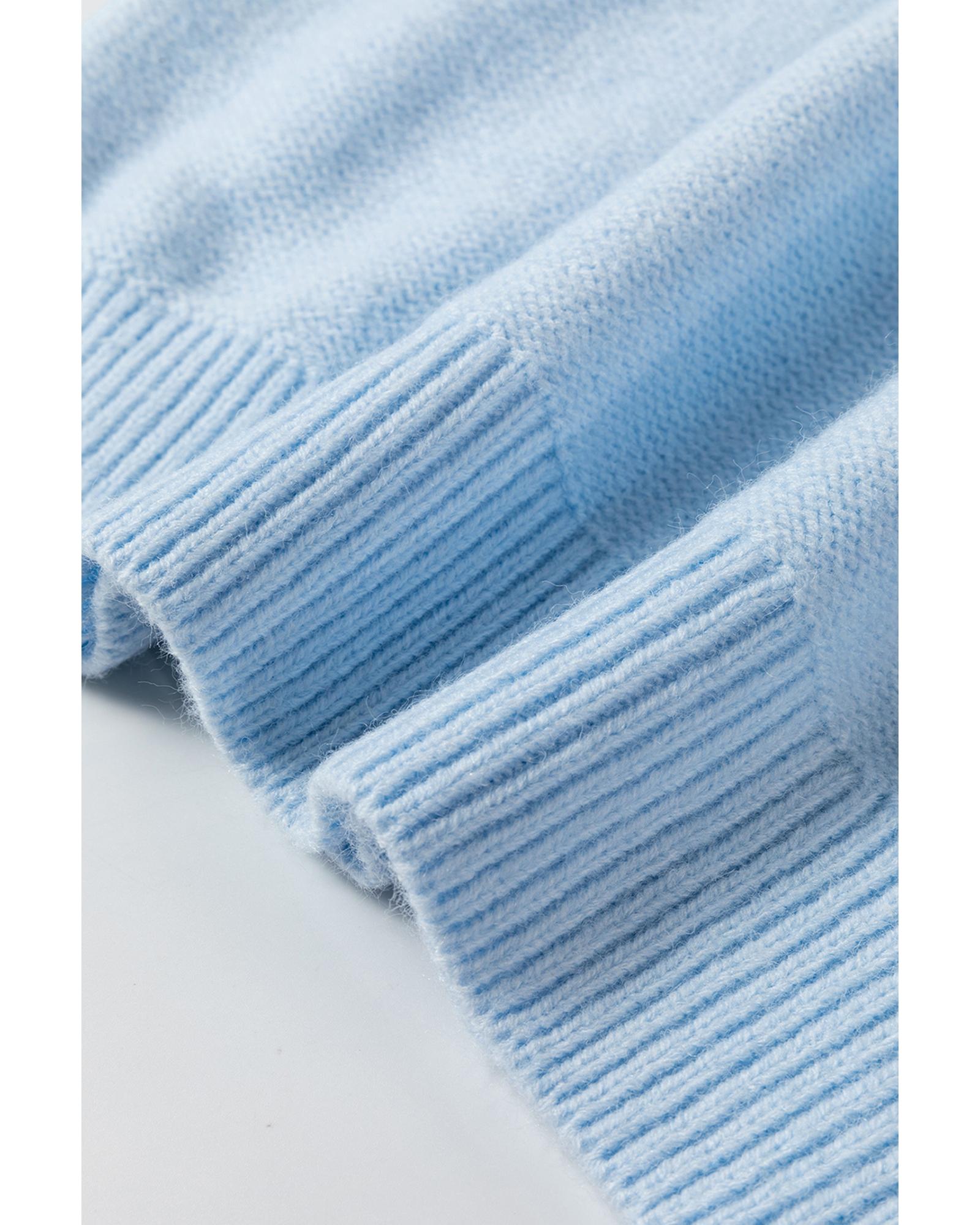 Light Blue Knitted Flower Pattern Ribbed Edge Sweater - 2XL