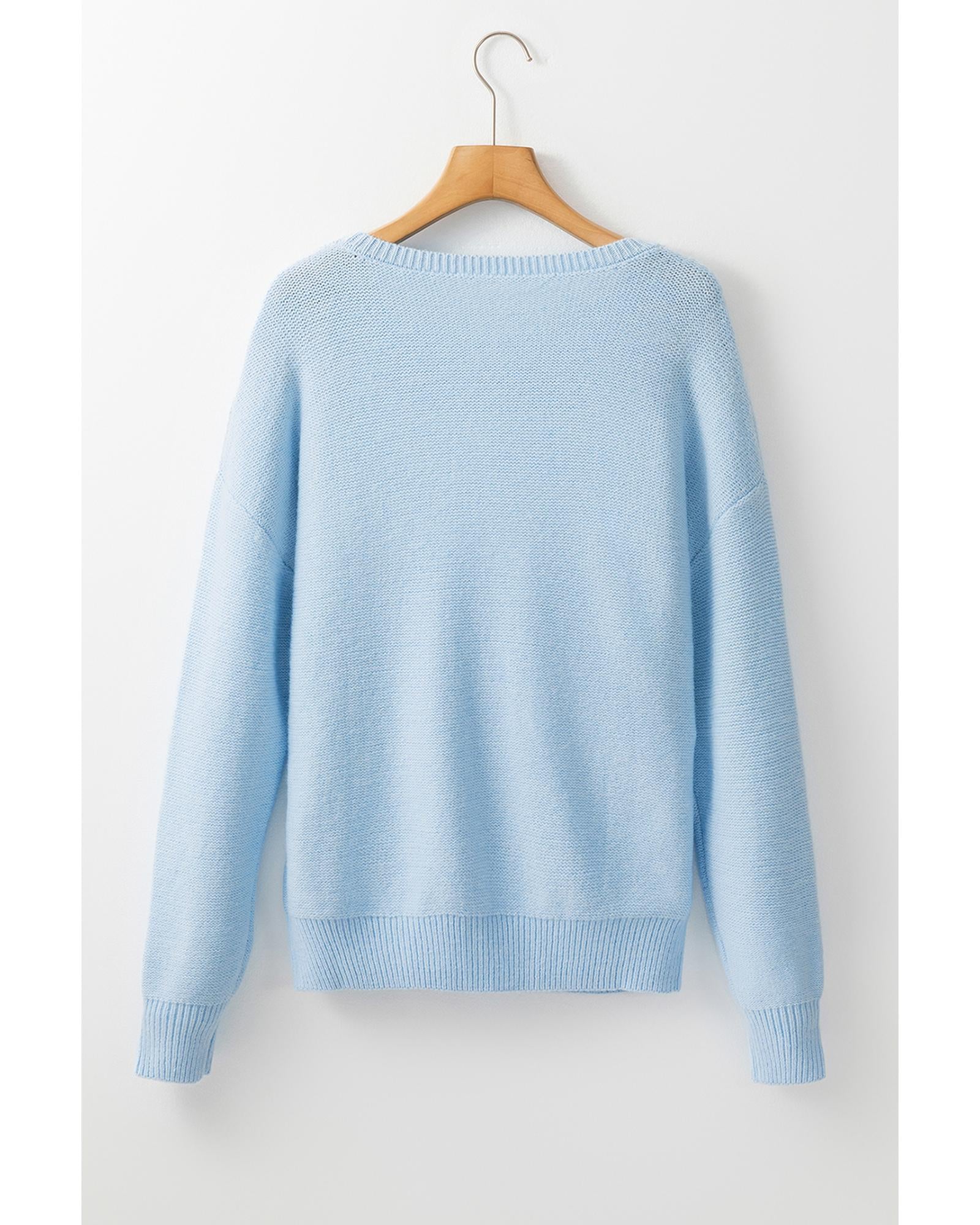 Light Blue Knitted Flower Pattern Ribbed Edge Sweater - M
