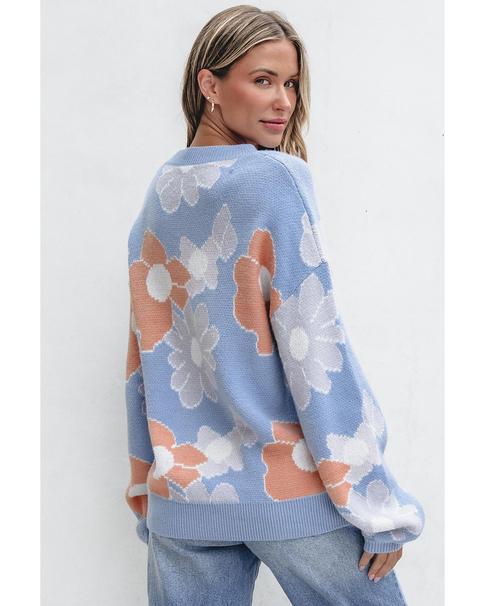 Beau Blue Floral O Neck Drop Shoulder Knitted Sweater - S