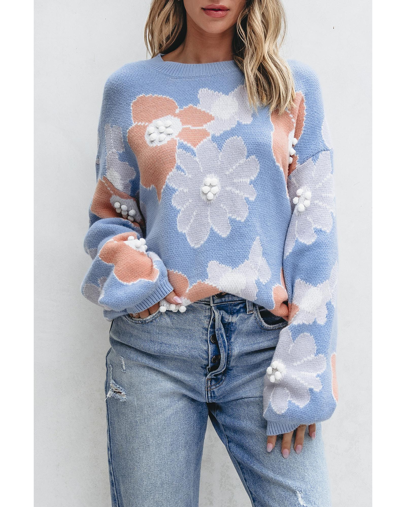 Beau Blue Floral O Neck Drop Shoulder Knitted Sweater - S