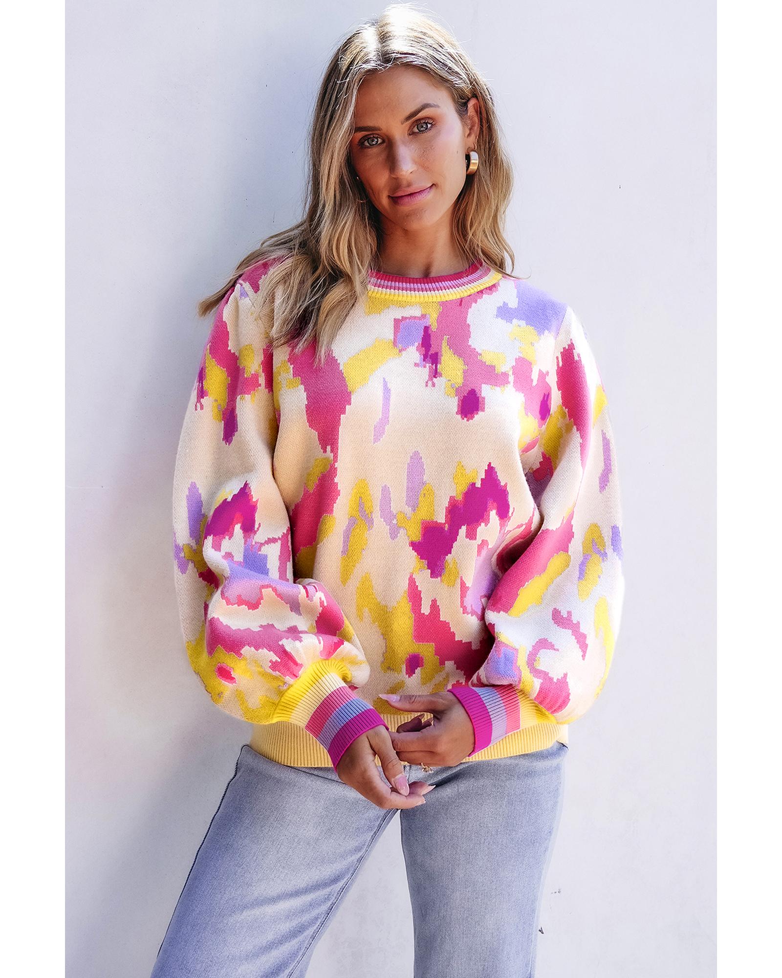 Khaki Abstract Print Colorblock Balloon Sleeve Sweater - L