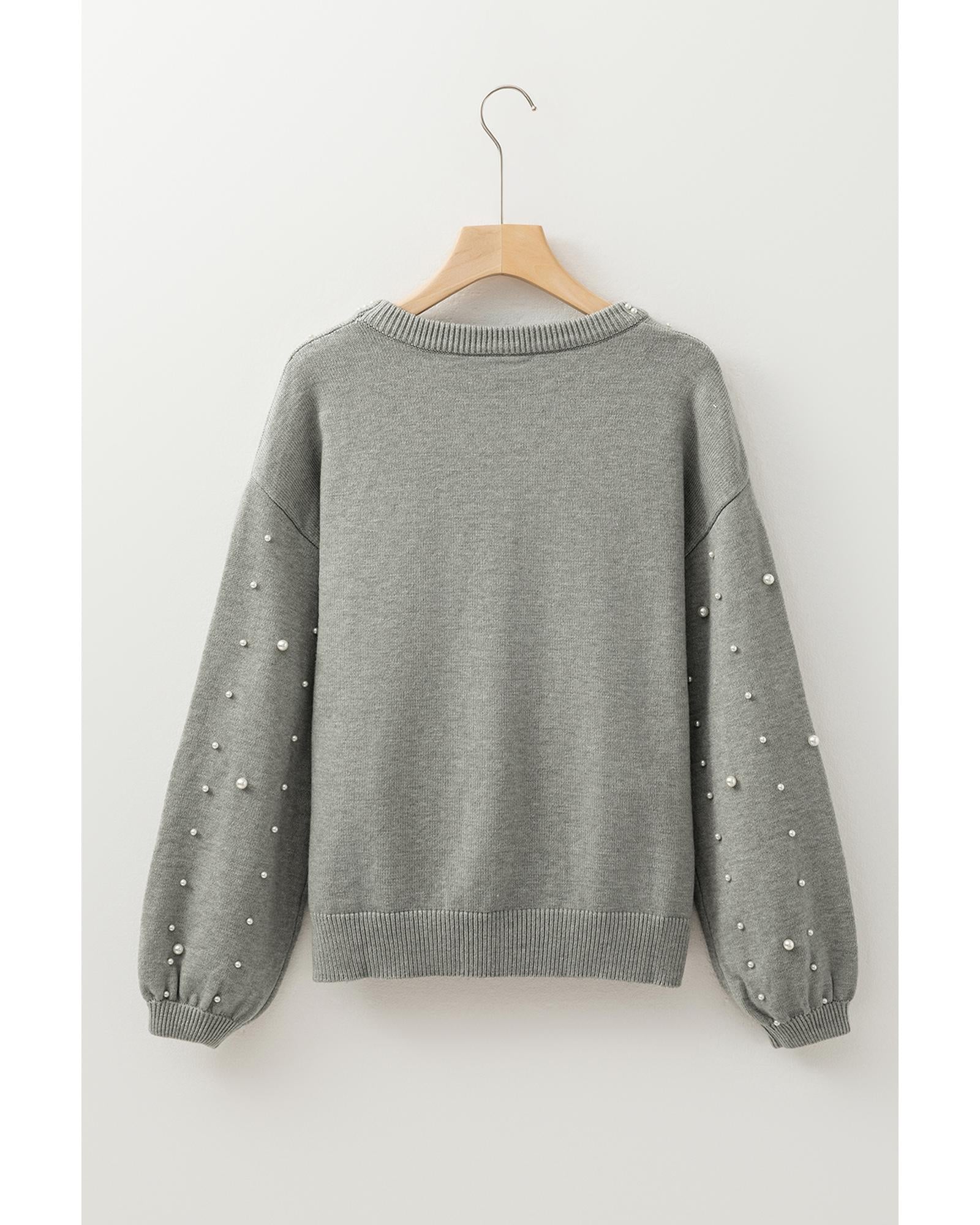 Light Grey Pearled Drop Shoulder Round Neck Sweater - L