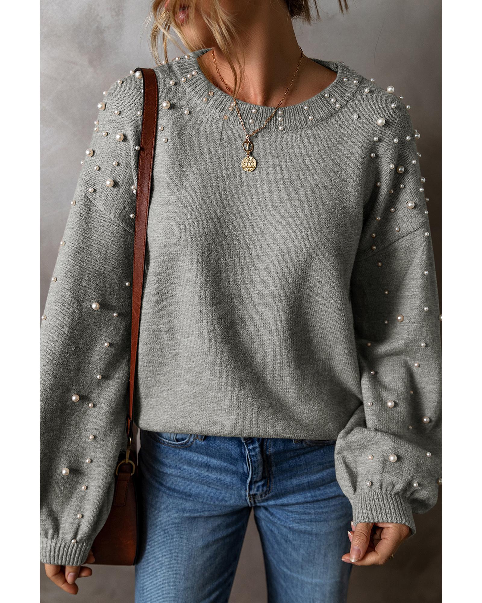 Light Grey Pearled Drop Shoulder Round Neck Sweater - L