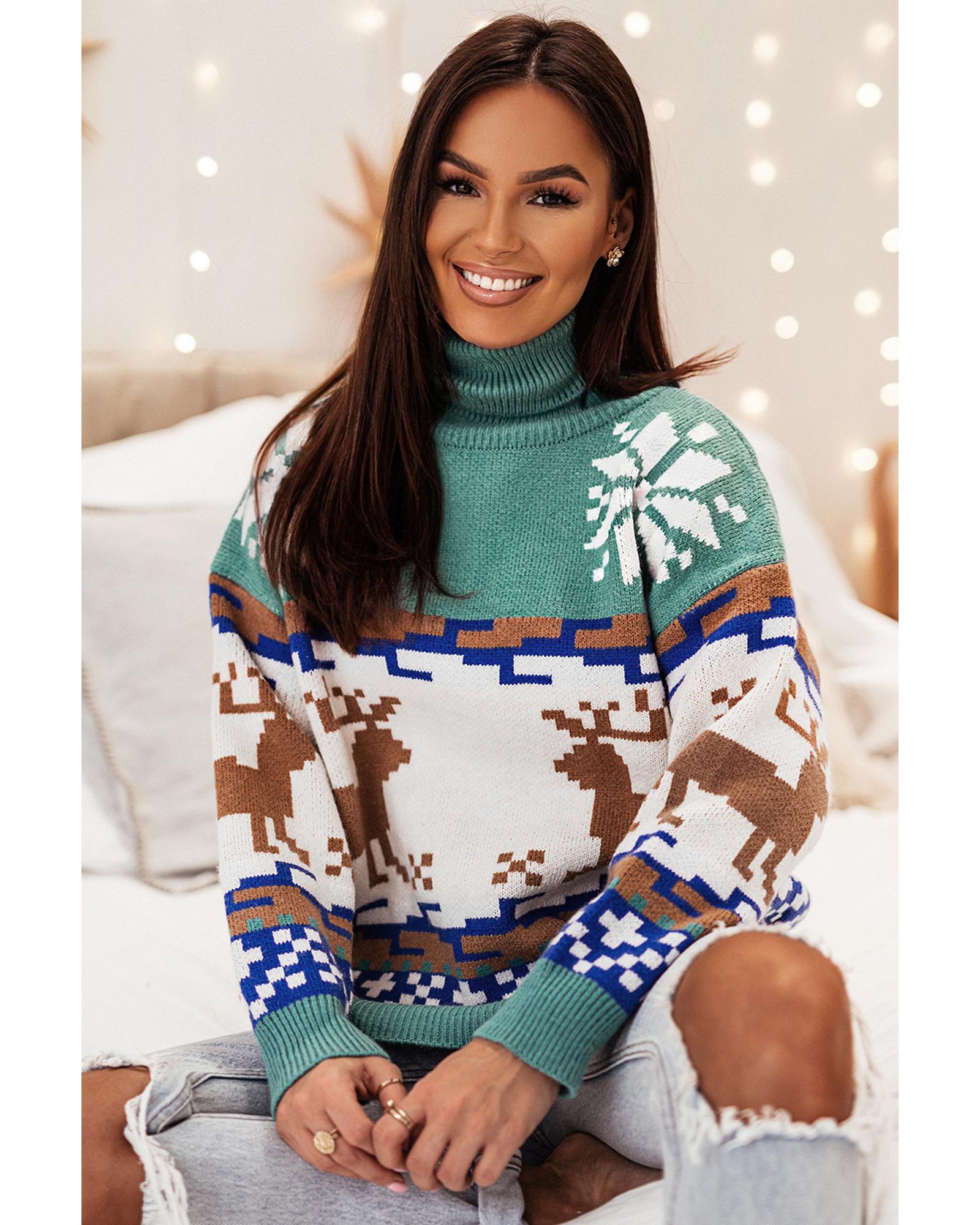 Canton Christmas Reindeer Snowflake Colorblock Turtleneck Sweater - L