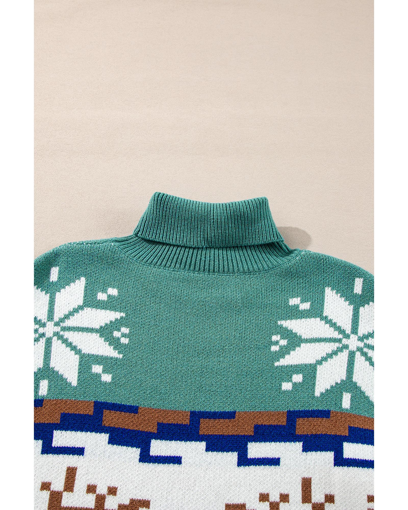 Canton Christmas Reindeer Snowflake Colorblock Turtleneck Sweater - L