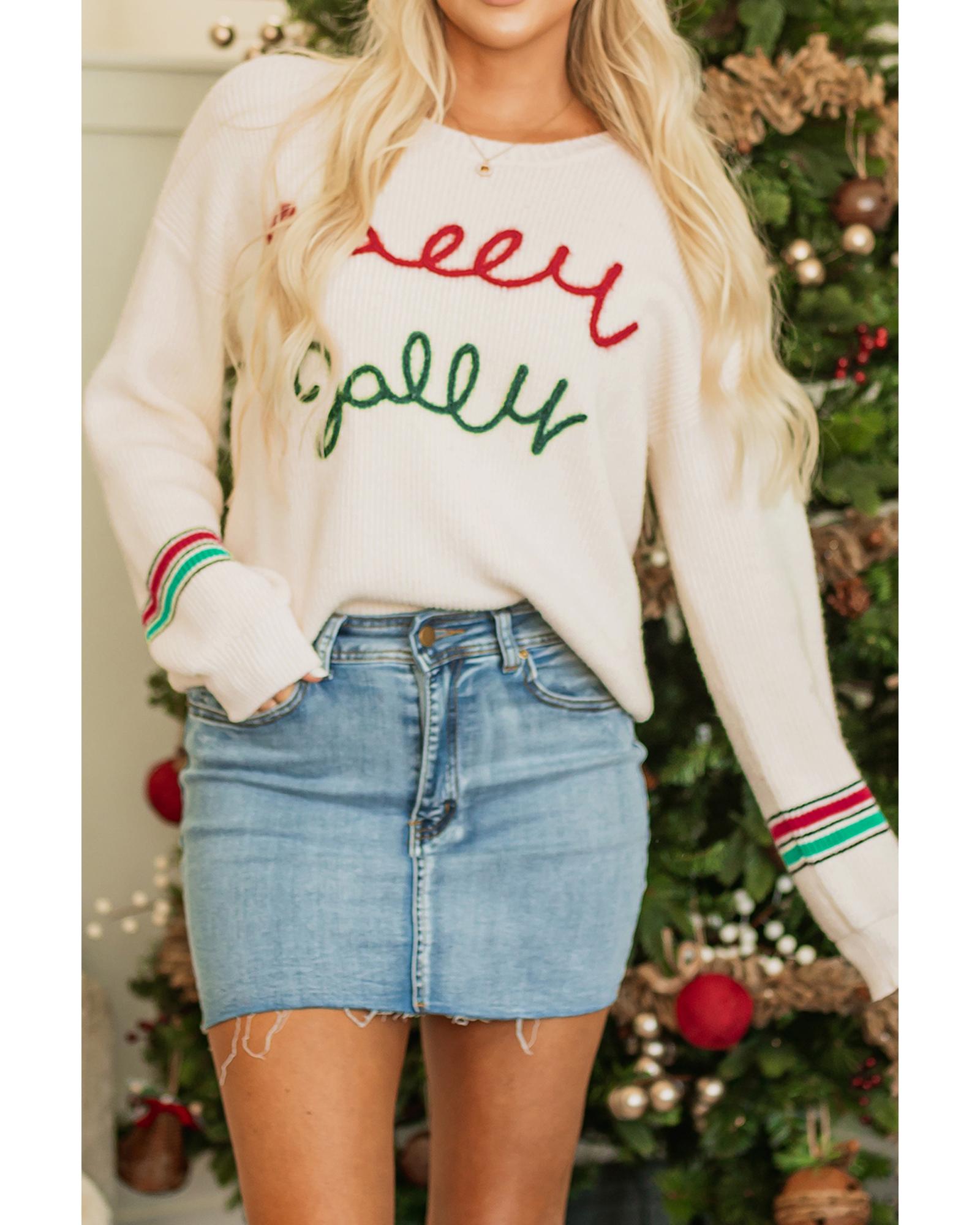 Beige Tinsel Holly Jolly Graphic Classic Sweater - S