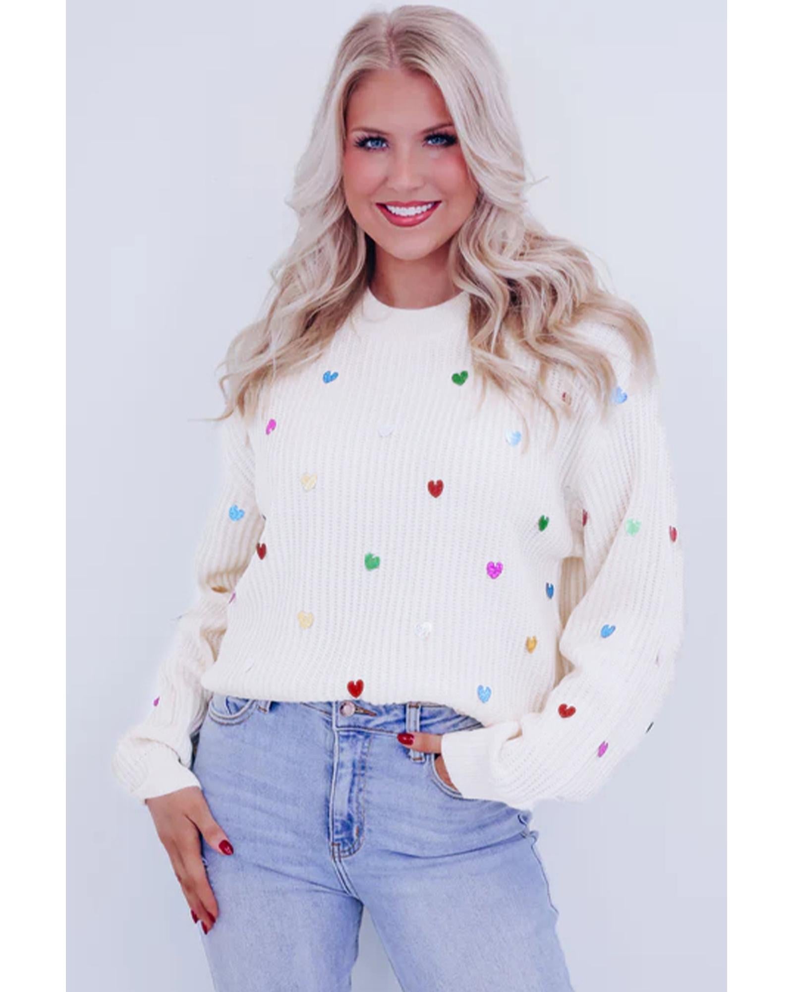 Beige Sequin Heart Shape Waffle Knit Round Neck Sweater - M