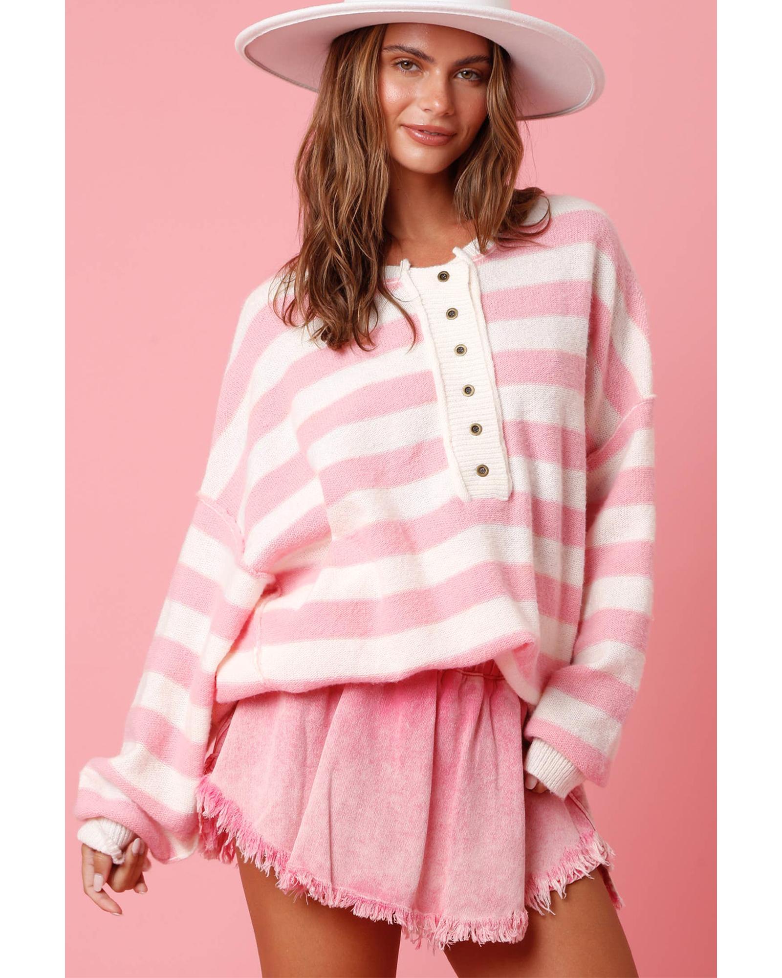 Pink Stripe Half Buttons Drop Shoulder Sweater - XL