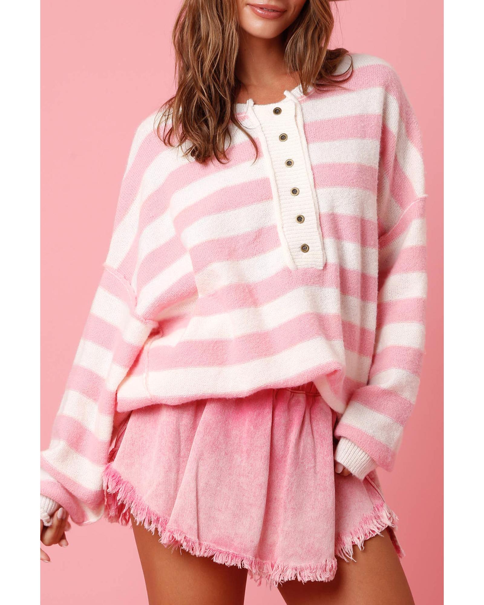 Pink Stripe Half Buttons Drop Shoulder Sweater - XL