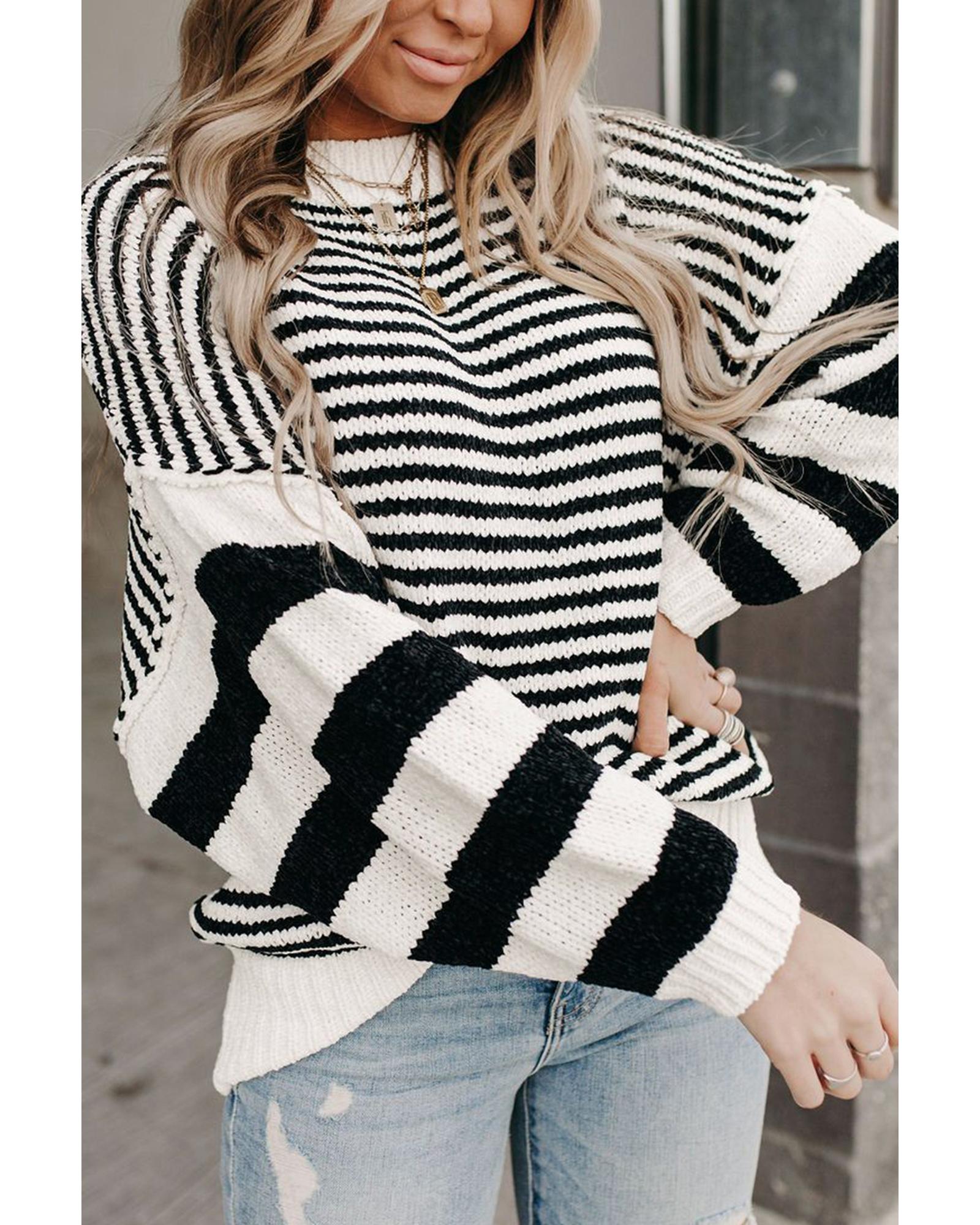 Black white Striped Drop Shoulder Bishop Sleeve Knit Sweater - XL