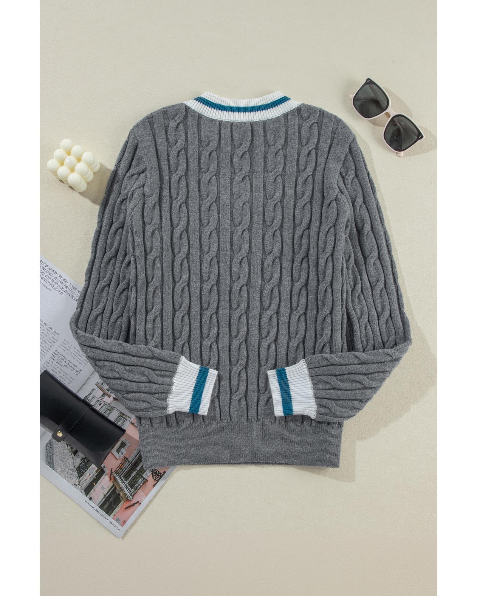 Medium Grey Color Contrast Ribbed Edge Cable Knit V Neck Sweater - L
