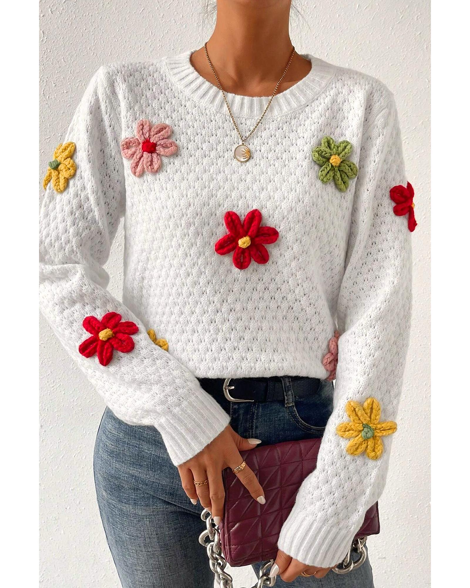 White Colorful Flower Applique Textured Knit Sweater - S