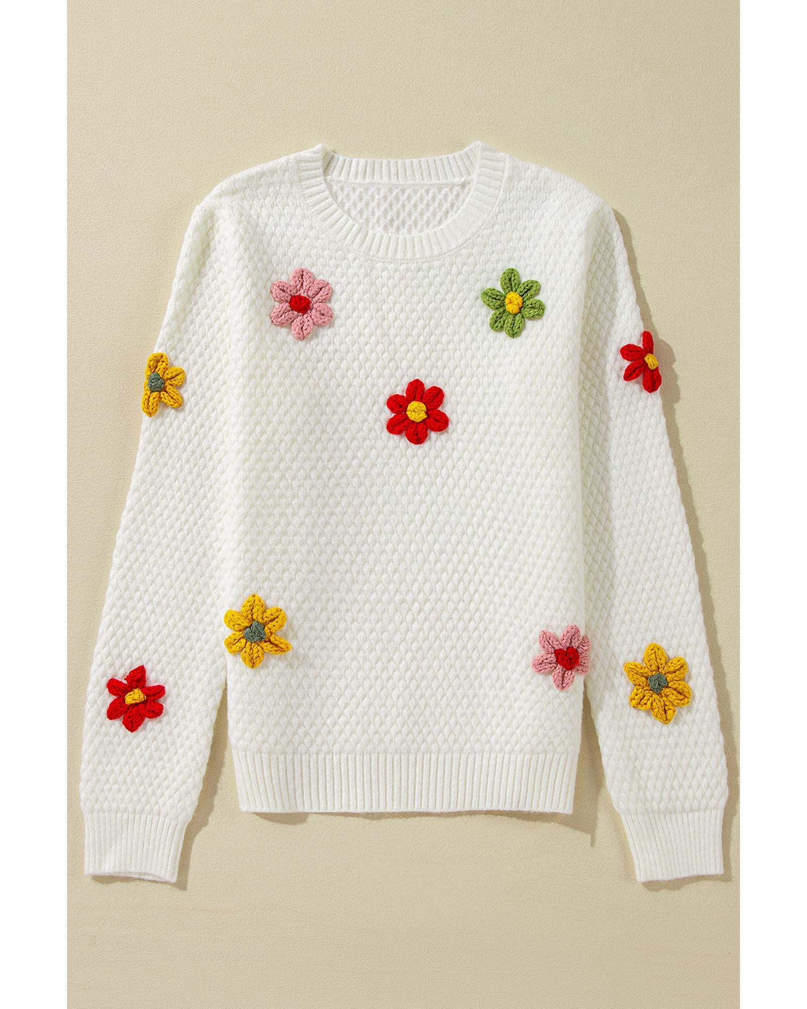 White Colorful Flower Applique Textured Knit Sweater - S