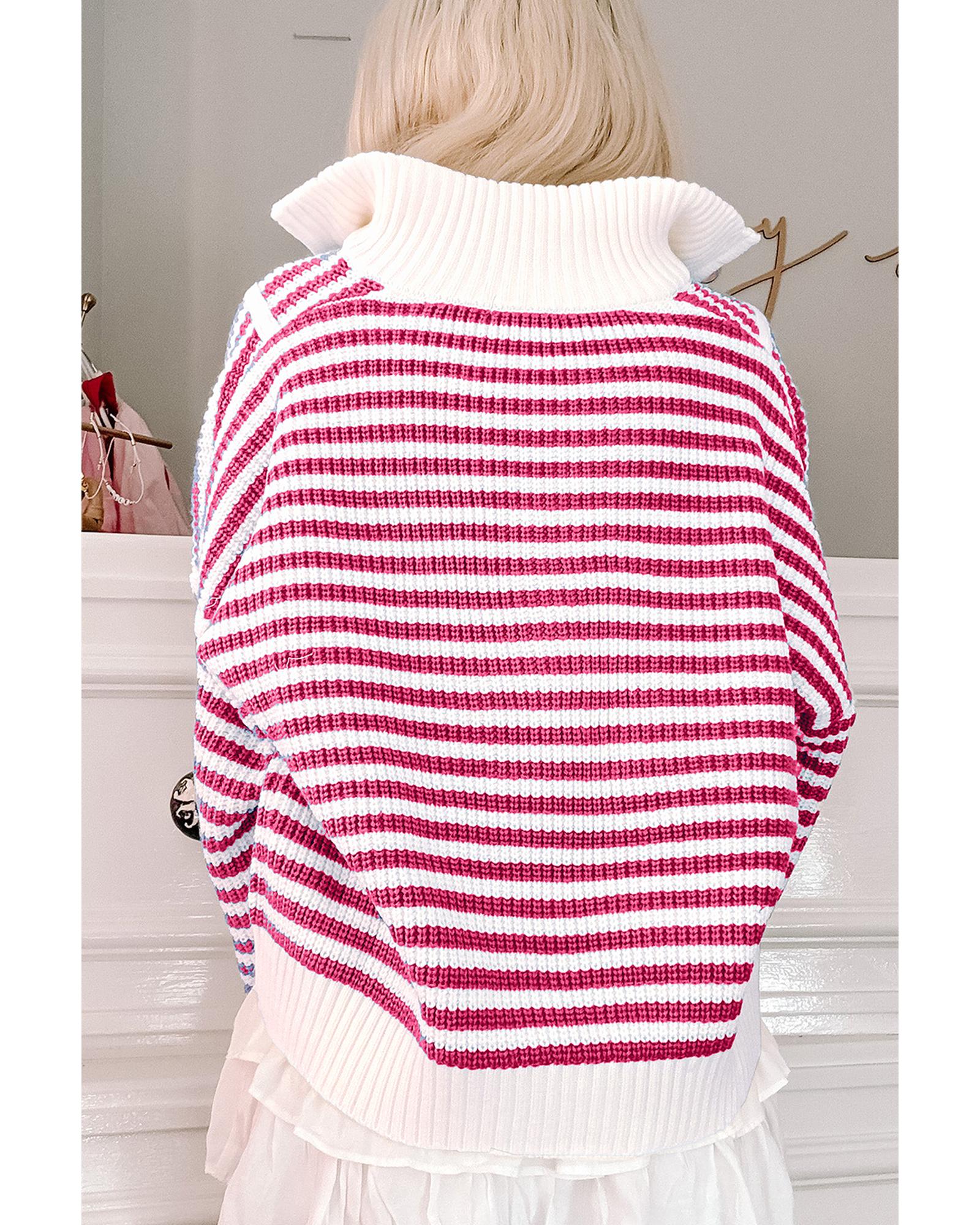 Pink Stripe Zip up Collar Drop Shoulder Sweater - L