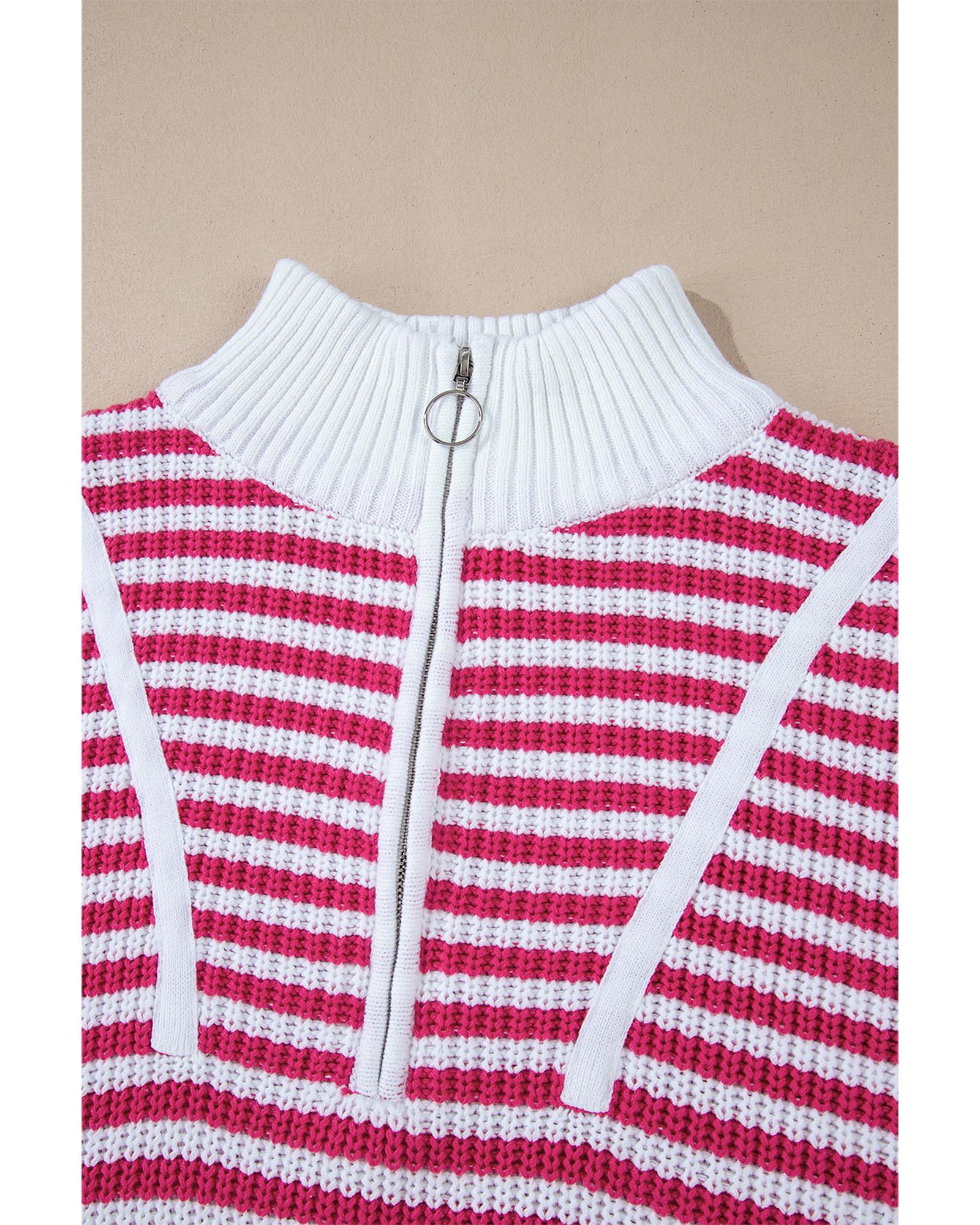 Pink Stripe Zip up Collar Drop Shoulder Sweater - M