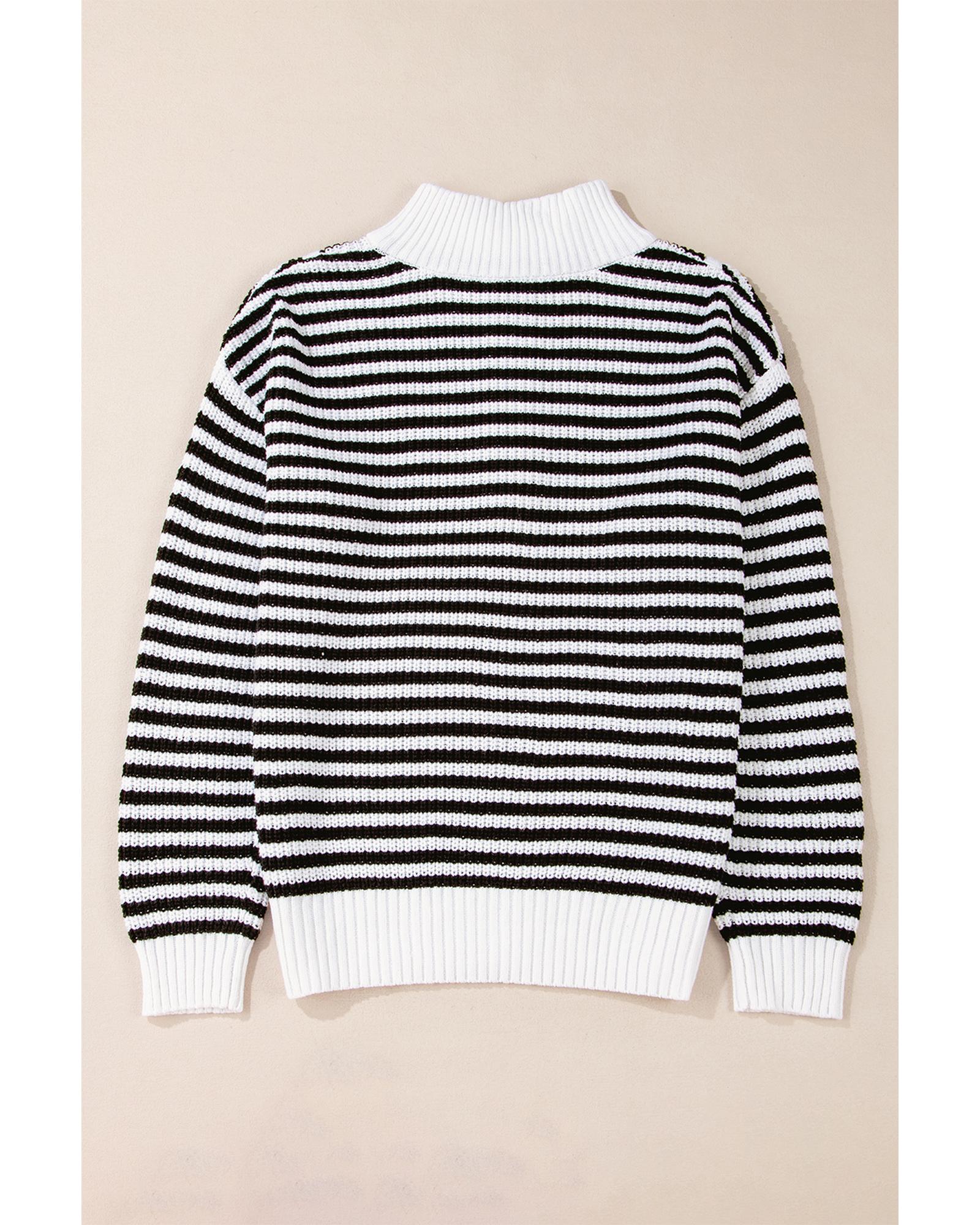 Black Stripe Zip up Collar Drop Shoulder Sweater - M
