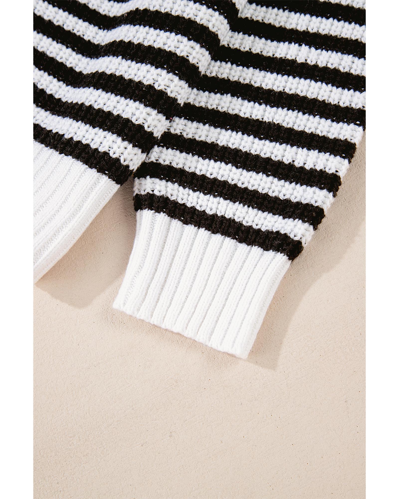 Black Stripe Zip up Collar Drop Shoulder Sweater - S