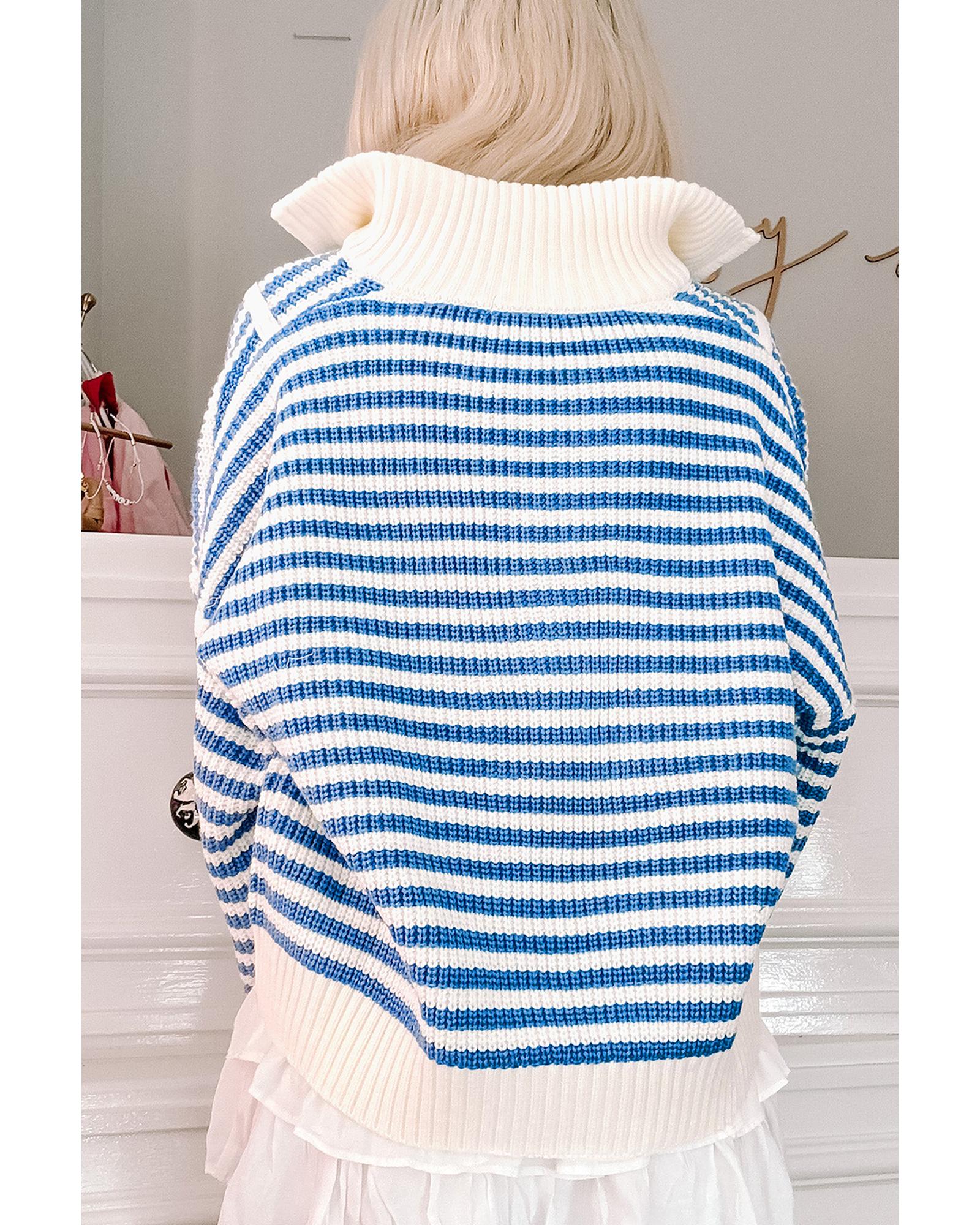 Sky Blue Stripe Zip up Collar Drop Shoulder Sweater - S