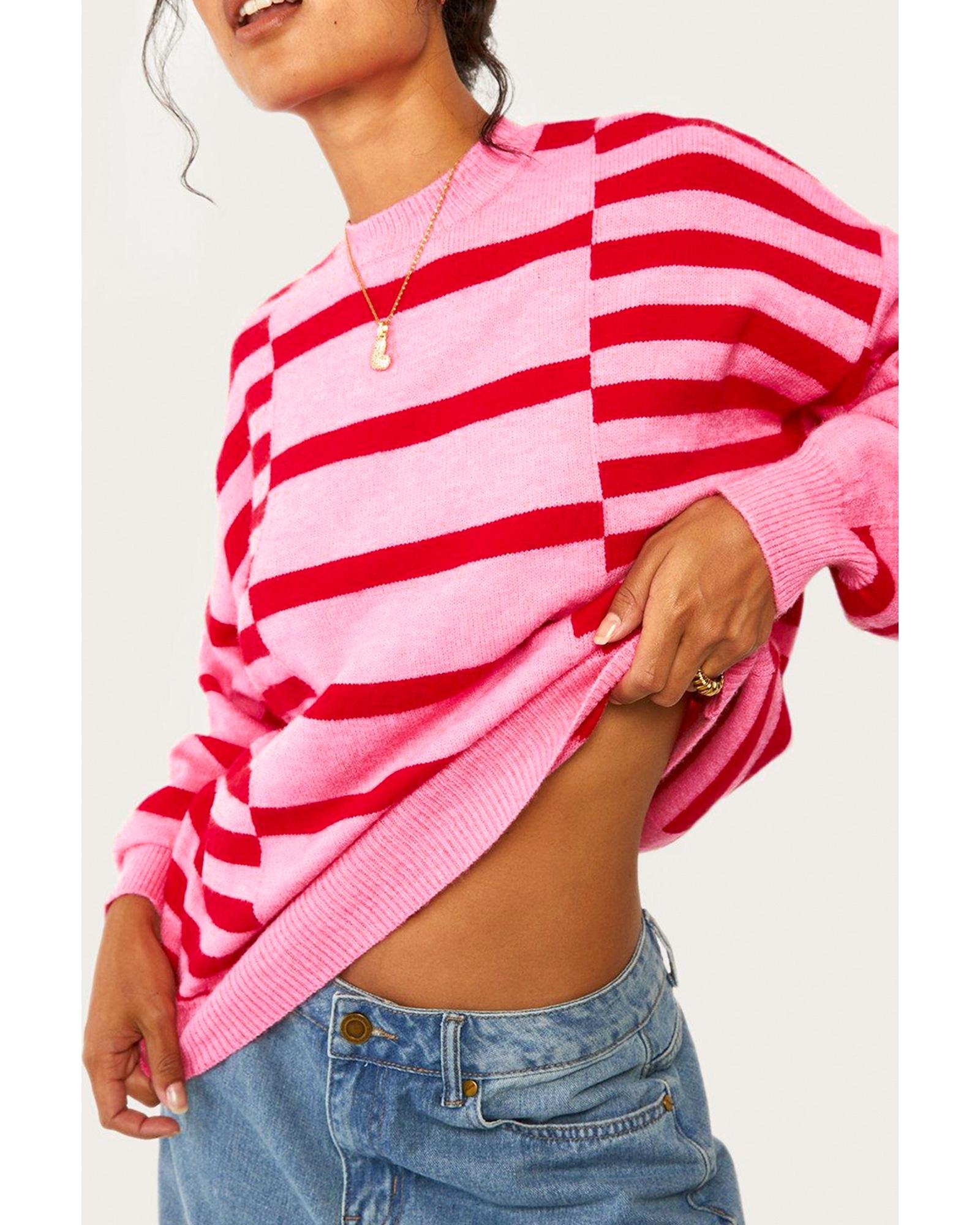Pink Stripe Bubble Sleeve Drop Shoulder Ribbed Trim Sweater - L