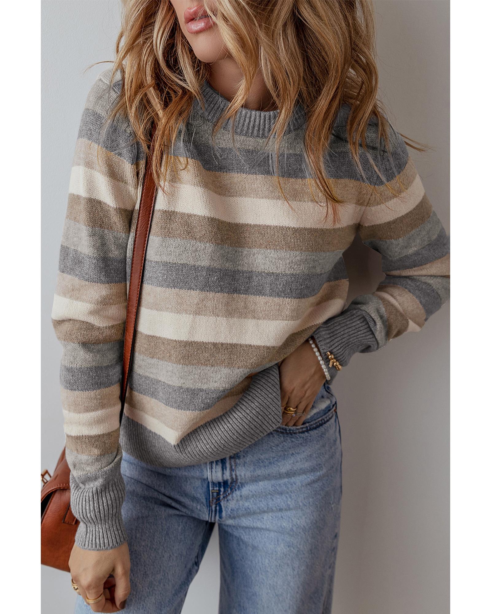 Gray Stripe Color Block Ribbed Edge Round Neck Sweater - XL