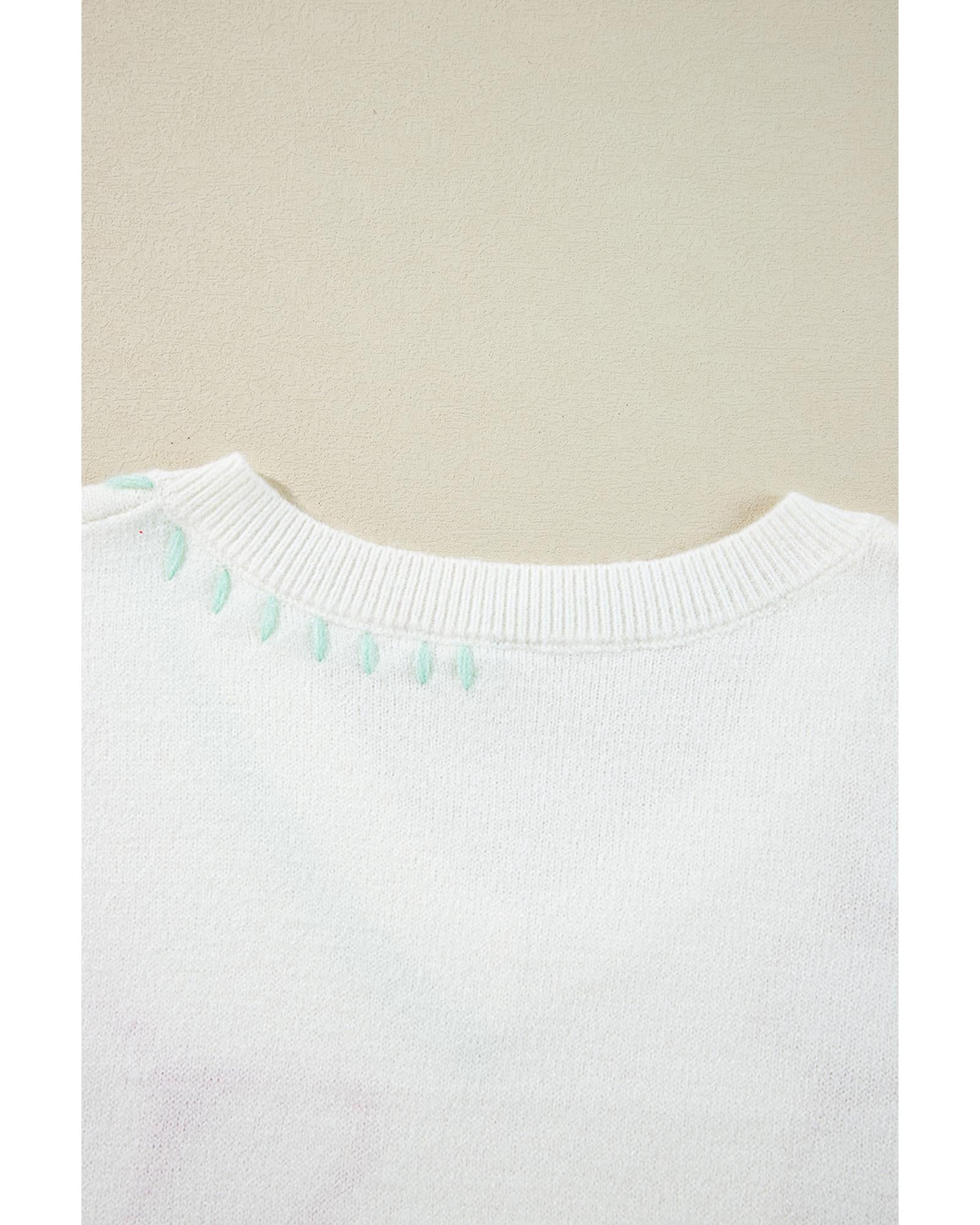 White Big Flower Pattern V Neck Drop Shoulder Sweater - L