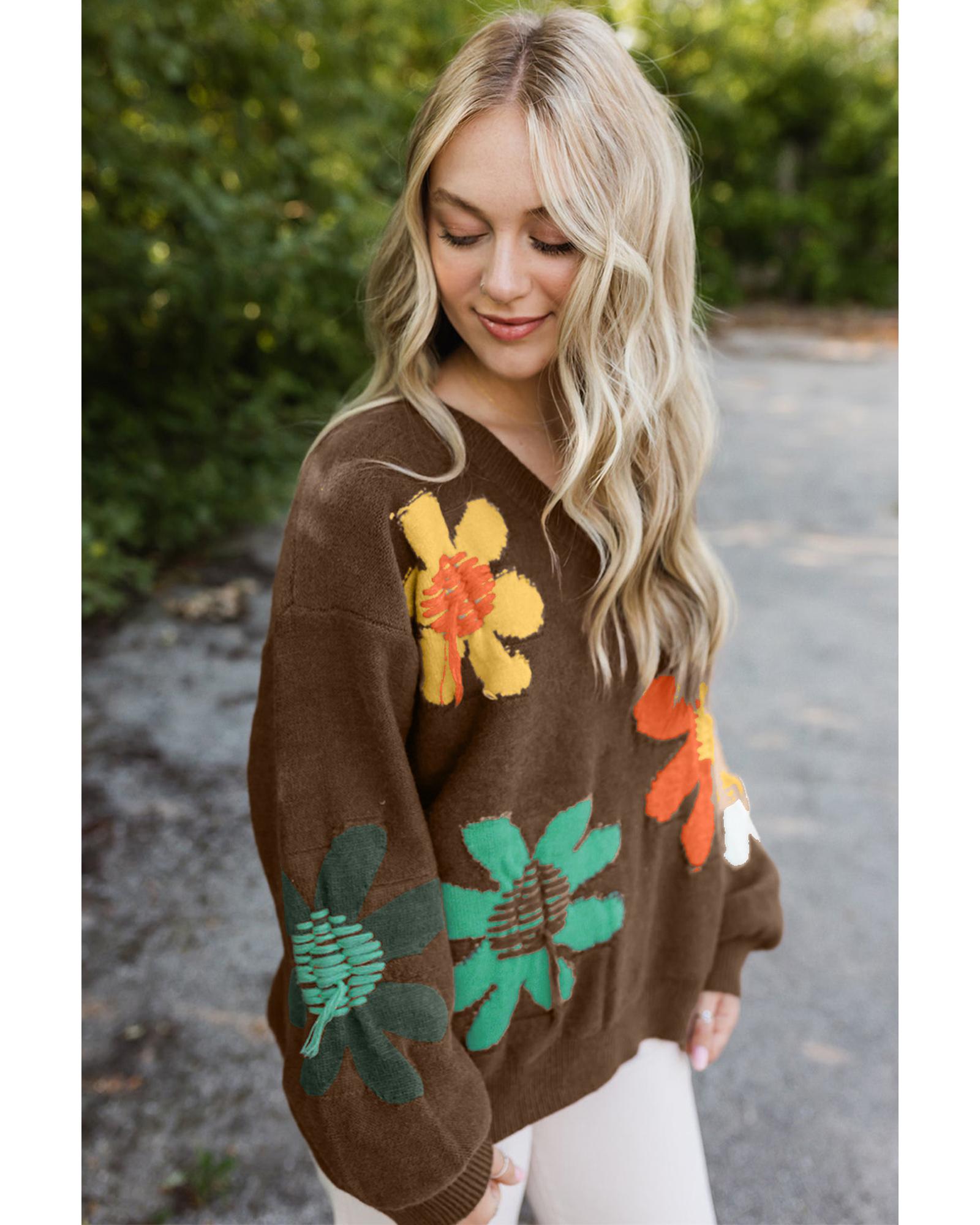 Coffee Big Flower Pattern V Neck Drop Shoulder Sweater - L