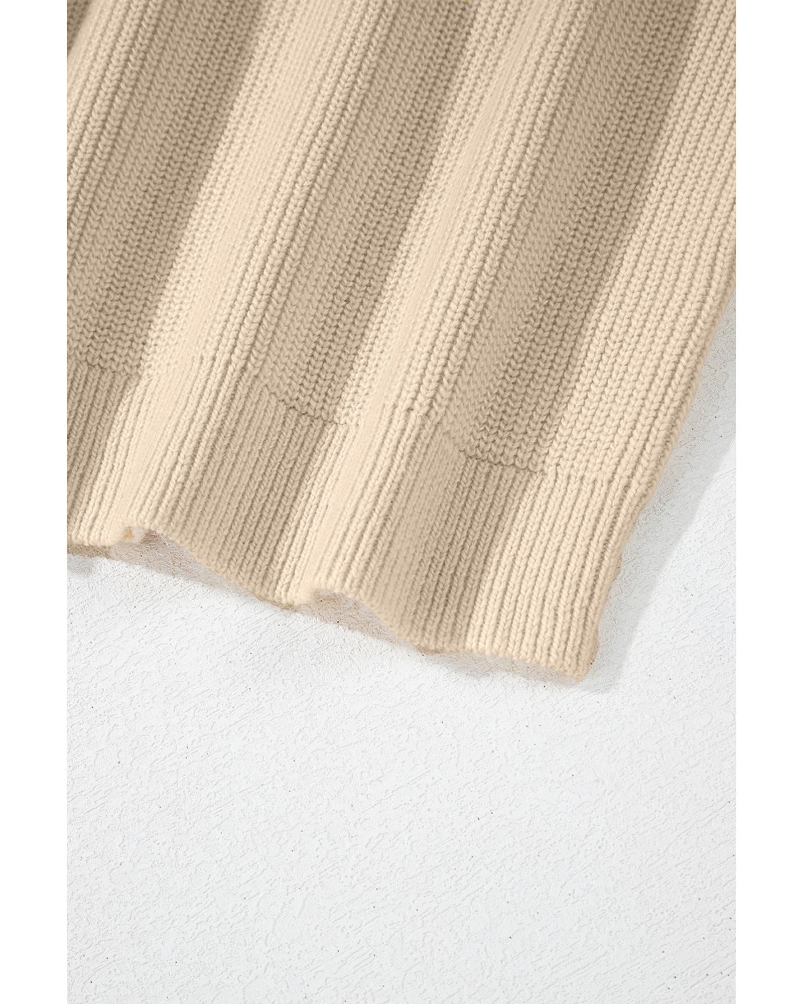 Beige Solid Color Drawstring Hooded Drop Shoulder Pullover Sweater - L