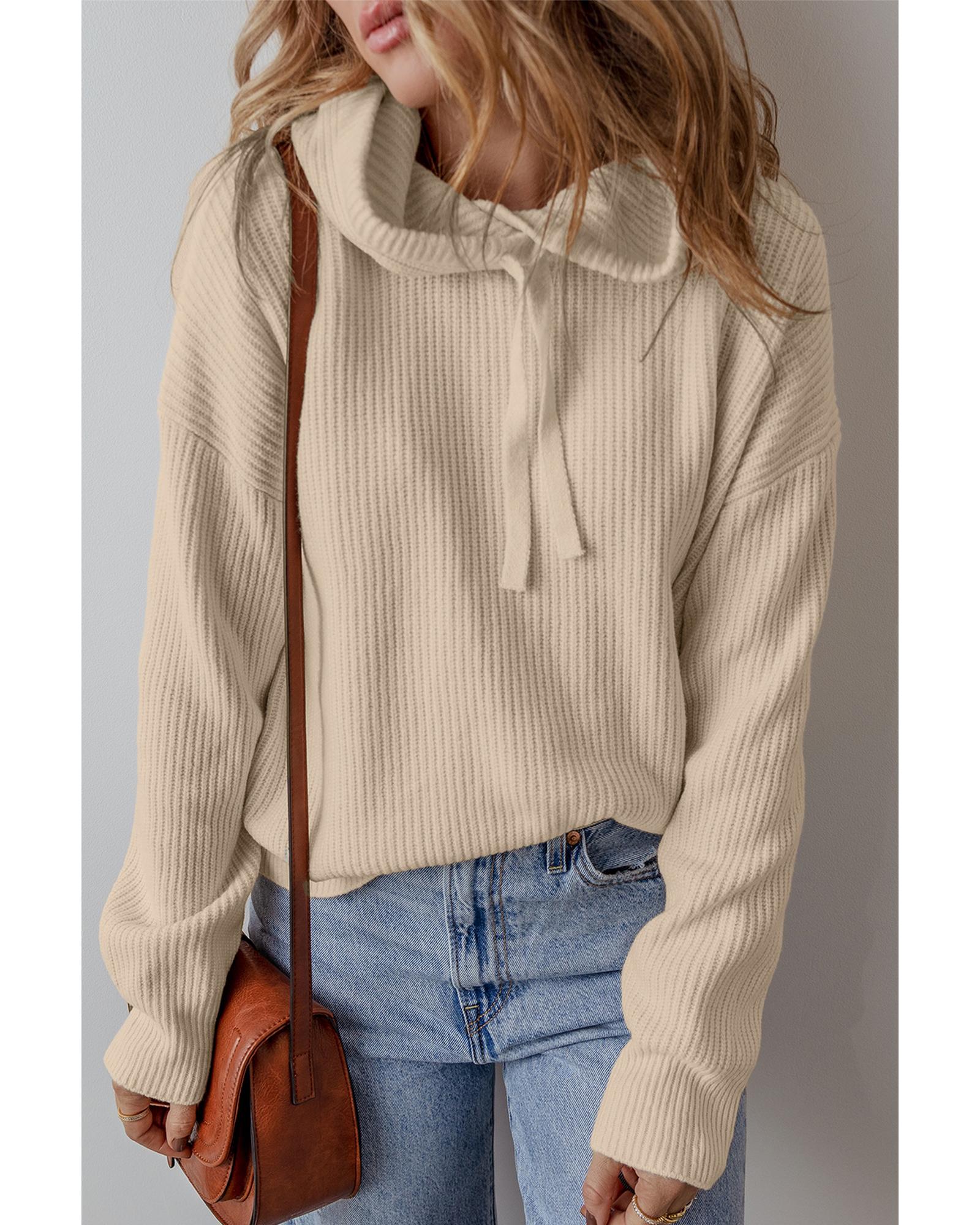 Beige Solid Color Drawstring Hooded Drop Shoulder Pullover Sweater - M