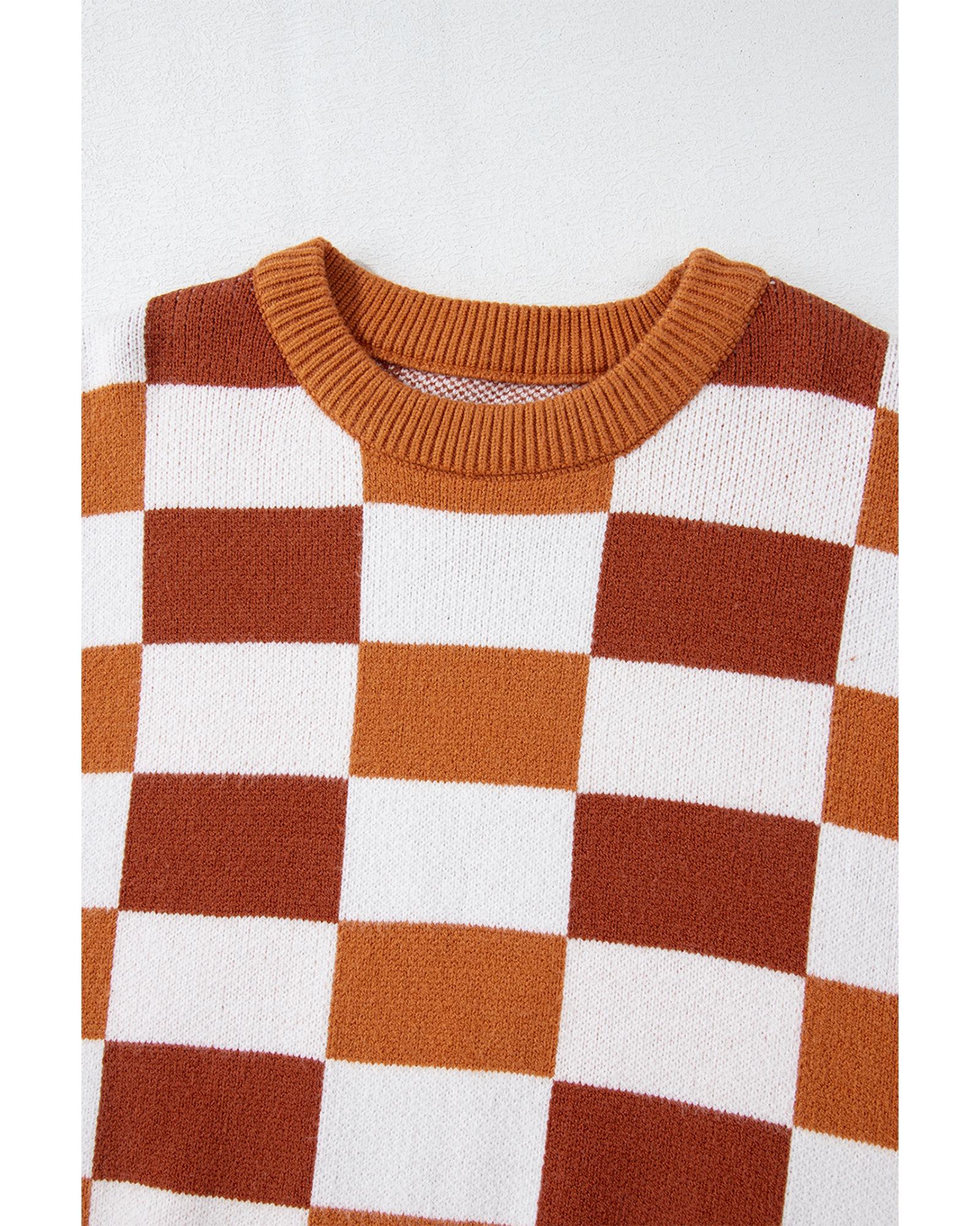 Orange Checkered Ribbed Edge O Neck Drop Shoulder Sweater - M