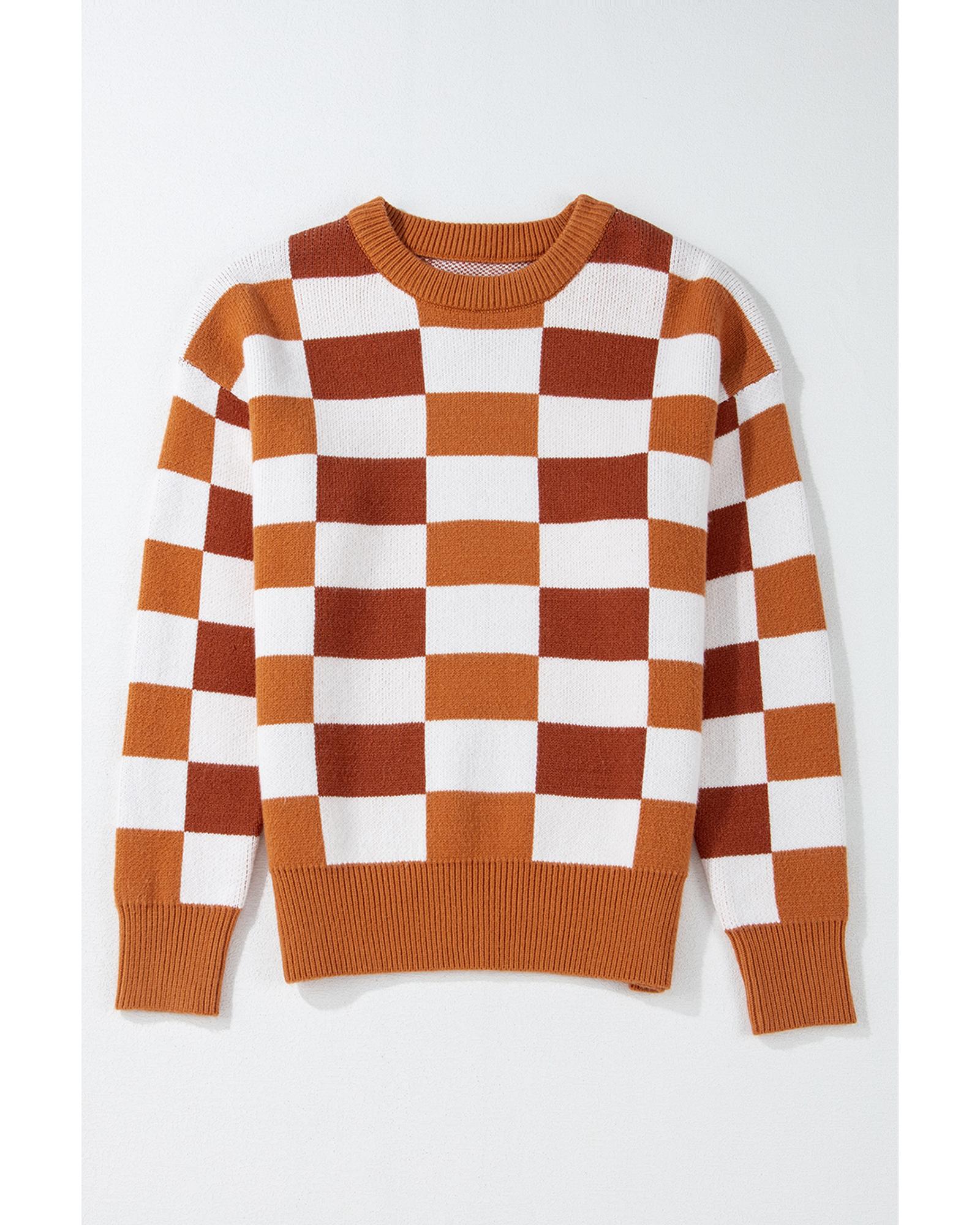 Orange Checkered Ribbed Edge O Neck Drop Shoulder Sweater - S