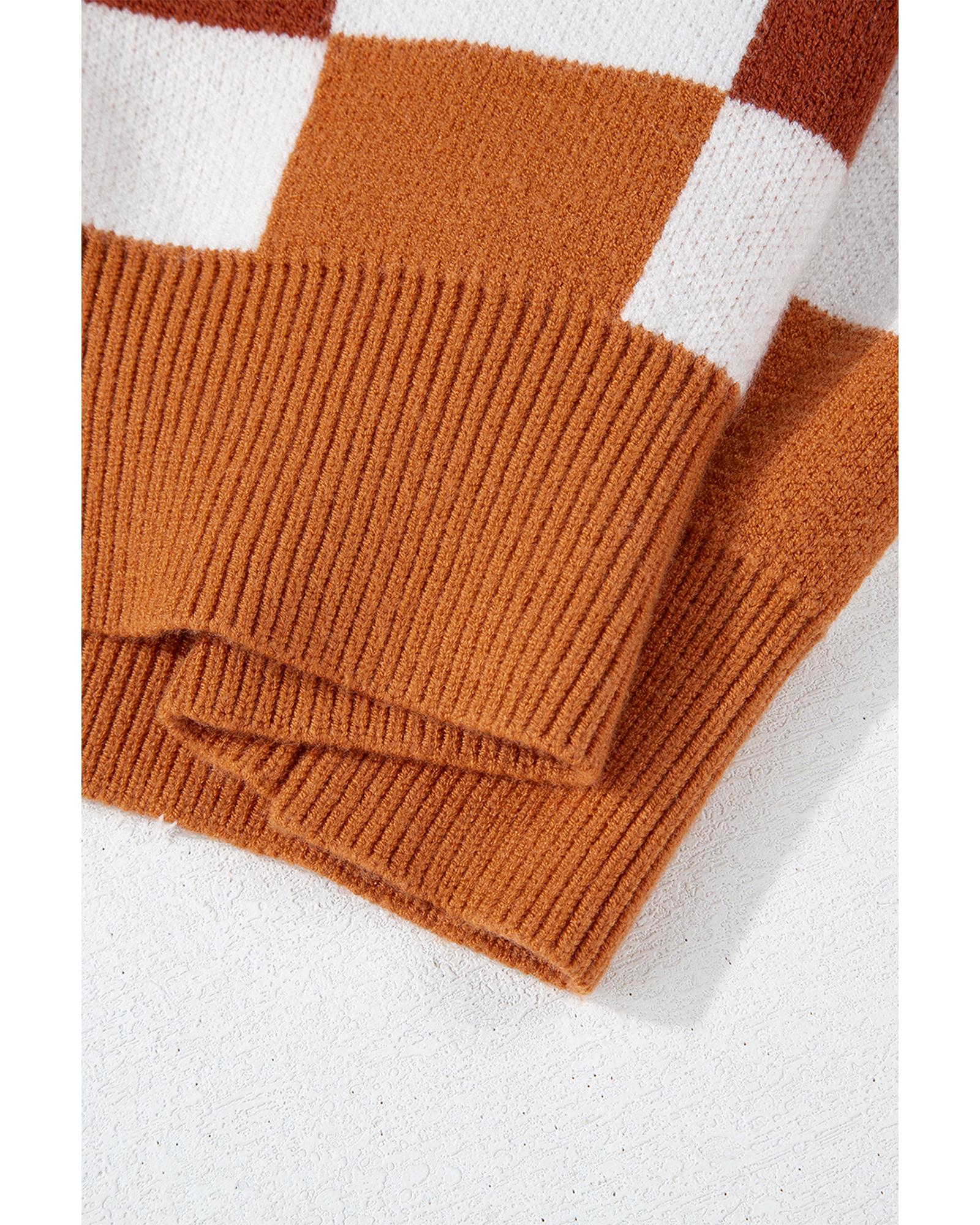 Orange Checkered Ribbed Edge O Neck Drop Shoulder Sweater - XL