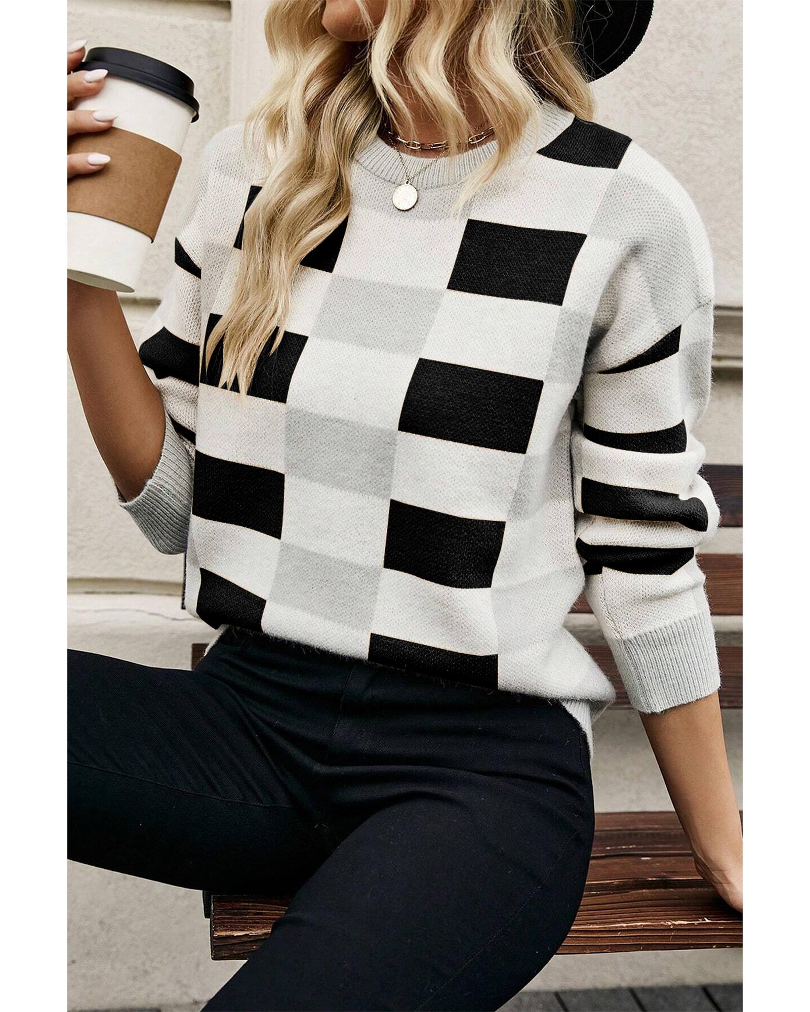 Black Checkered Ribbed Edge O Neck Drop Shoulder Sweater - L