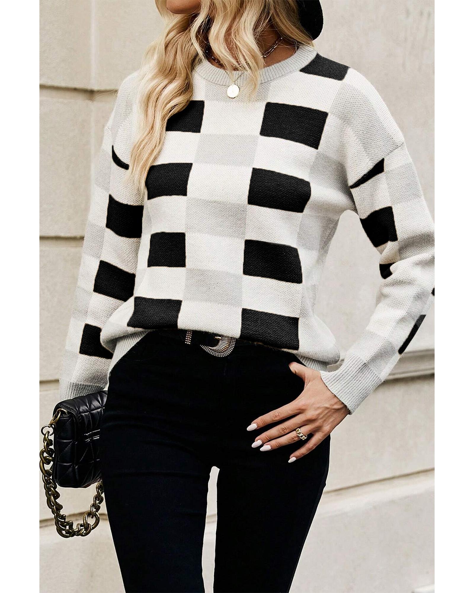 Black Checkered Ribbed Edge O Neck Drop Shoulder Sweater - M