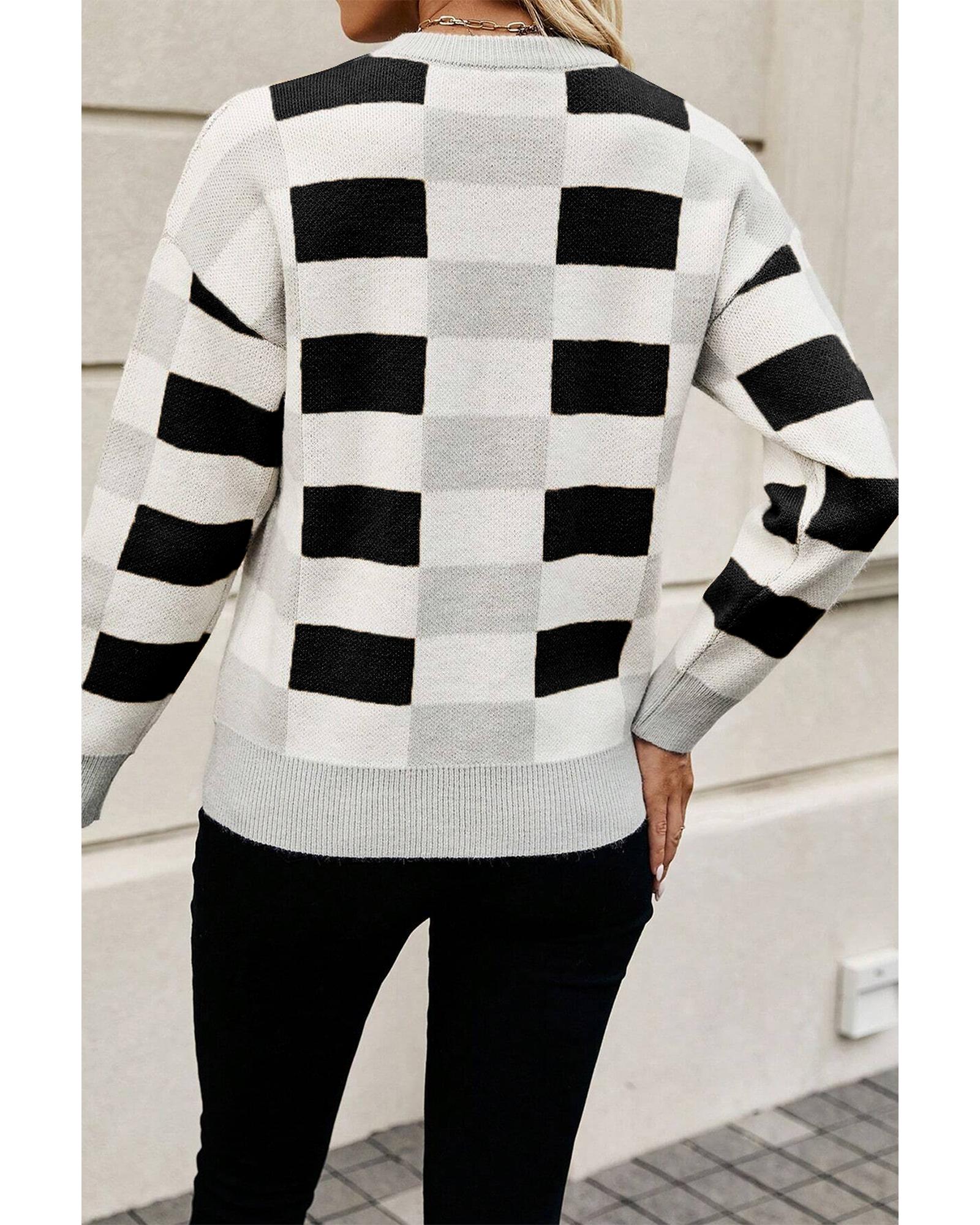 Black Checkered Ribbed Edge O Neck Drop Shoulder Sweater - S