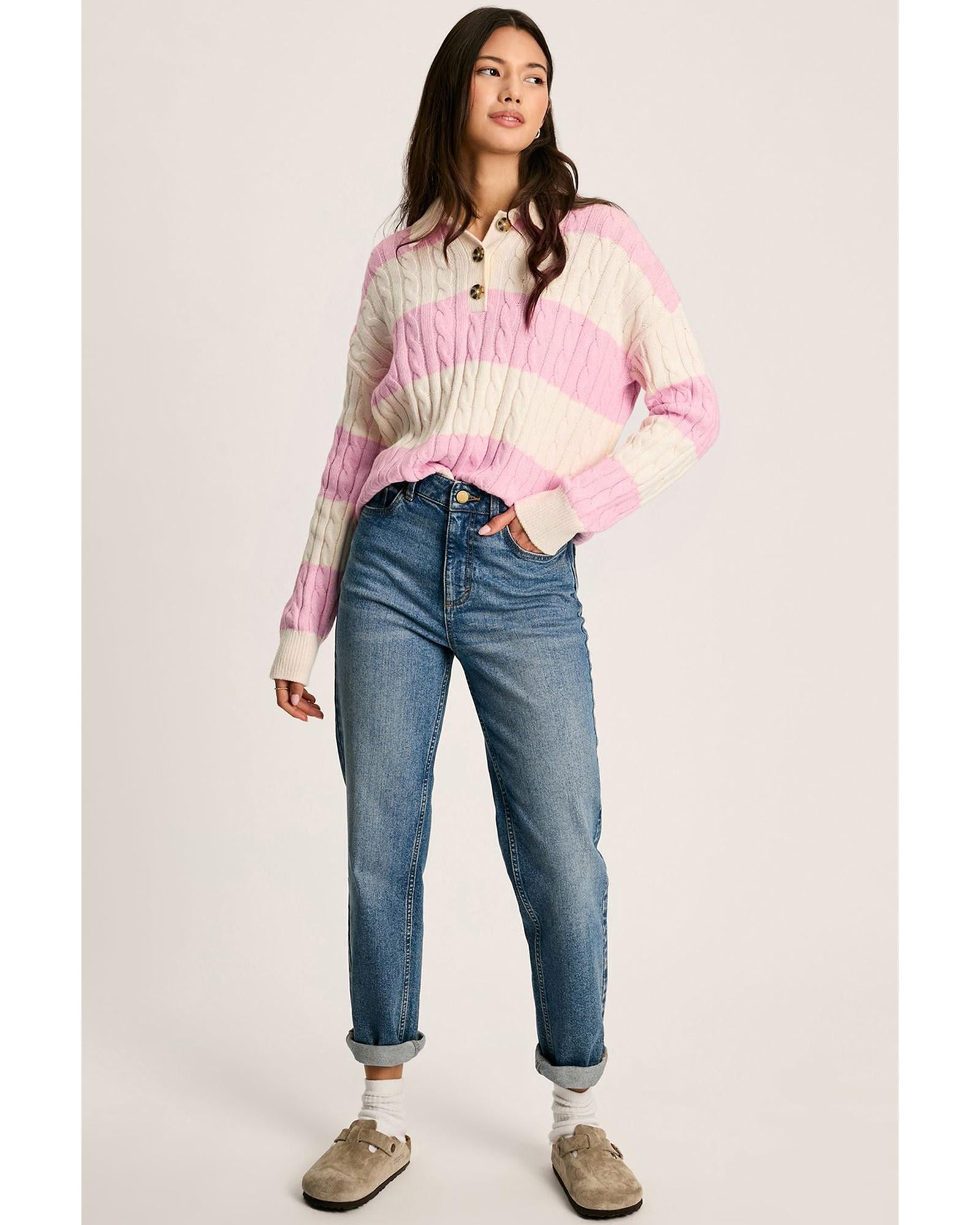 Pink Stripe Cable Knit Collared Henley Sweater - L