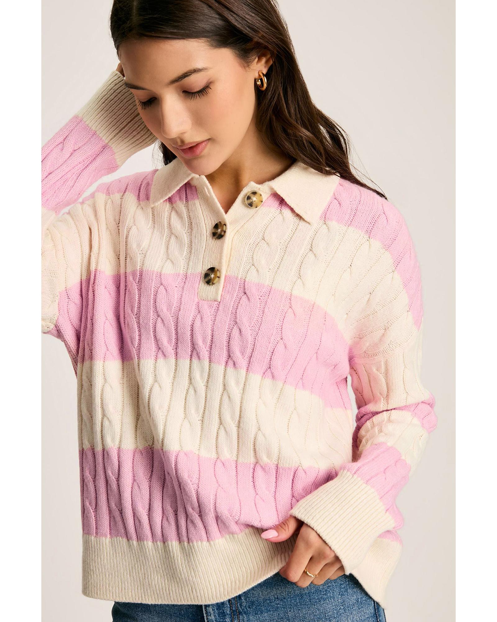 Pink Stripe Cable Knit Collared Henley Sweater - M